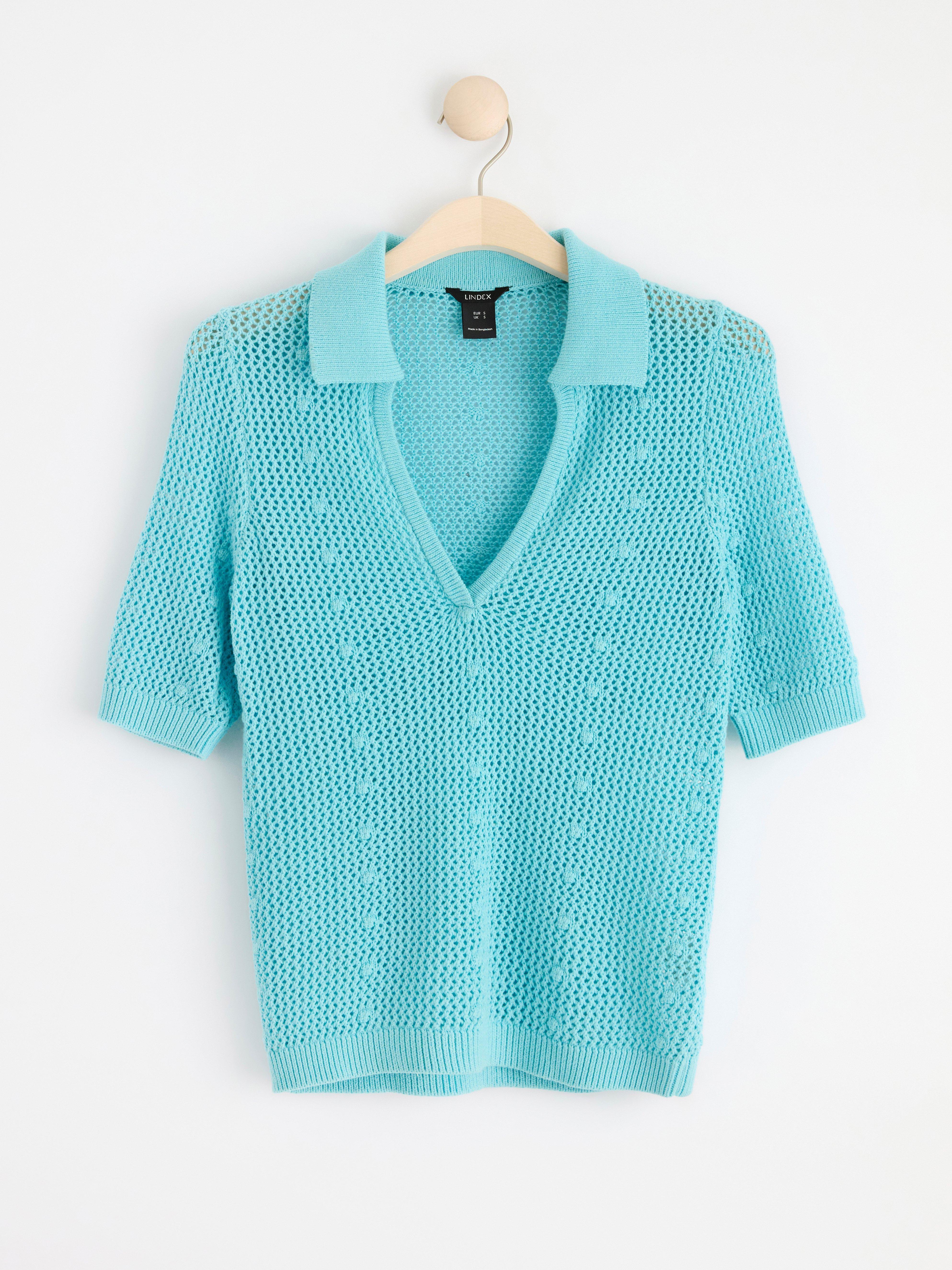 Knitted short sleeve top with collar Light Turquoise