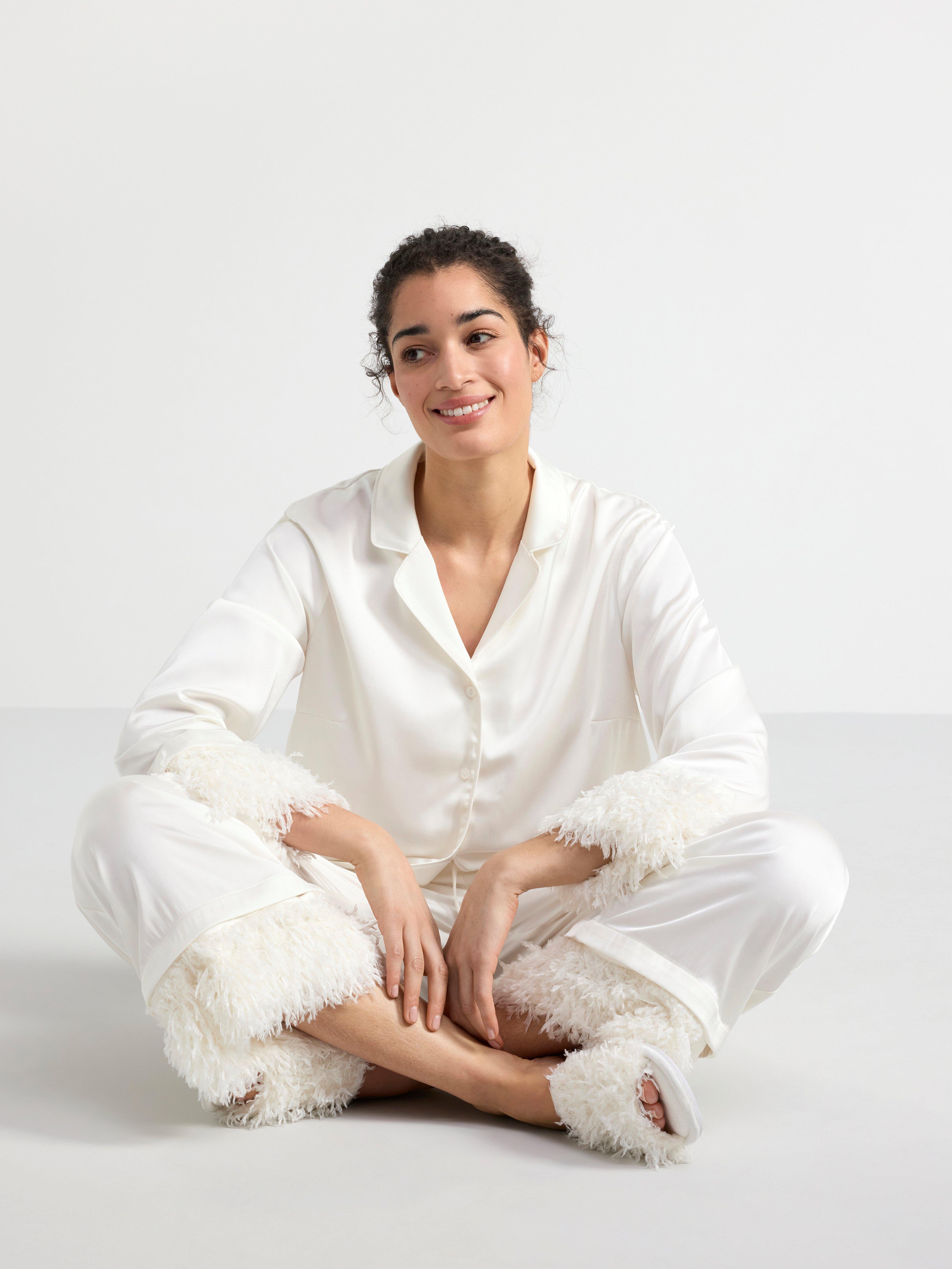 Satin pyjama set with faux feathers Light White
