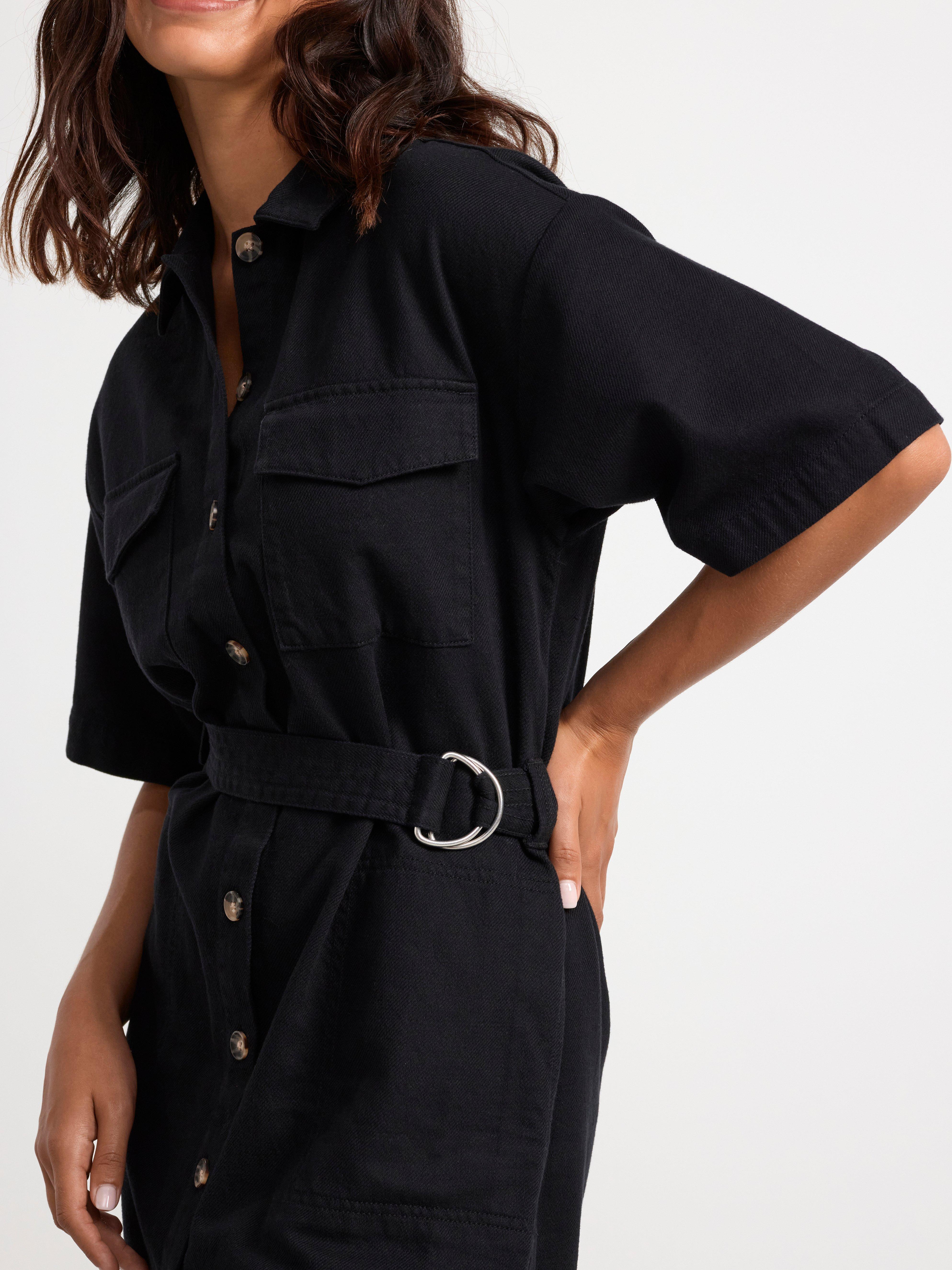 Shirt dress with pockets and belt to waist Black