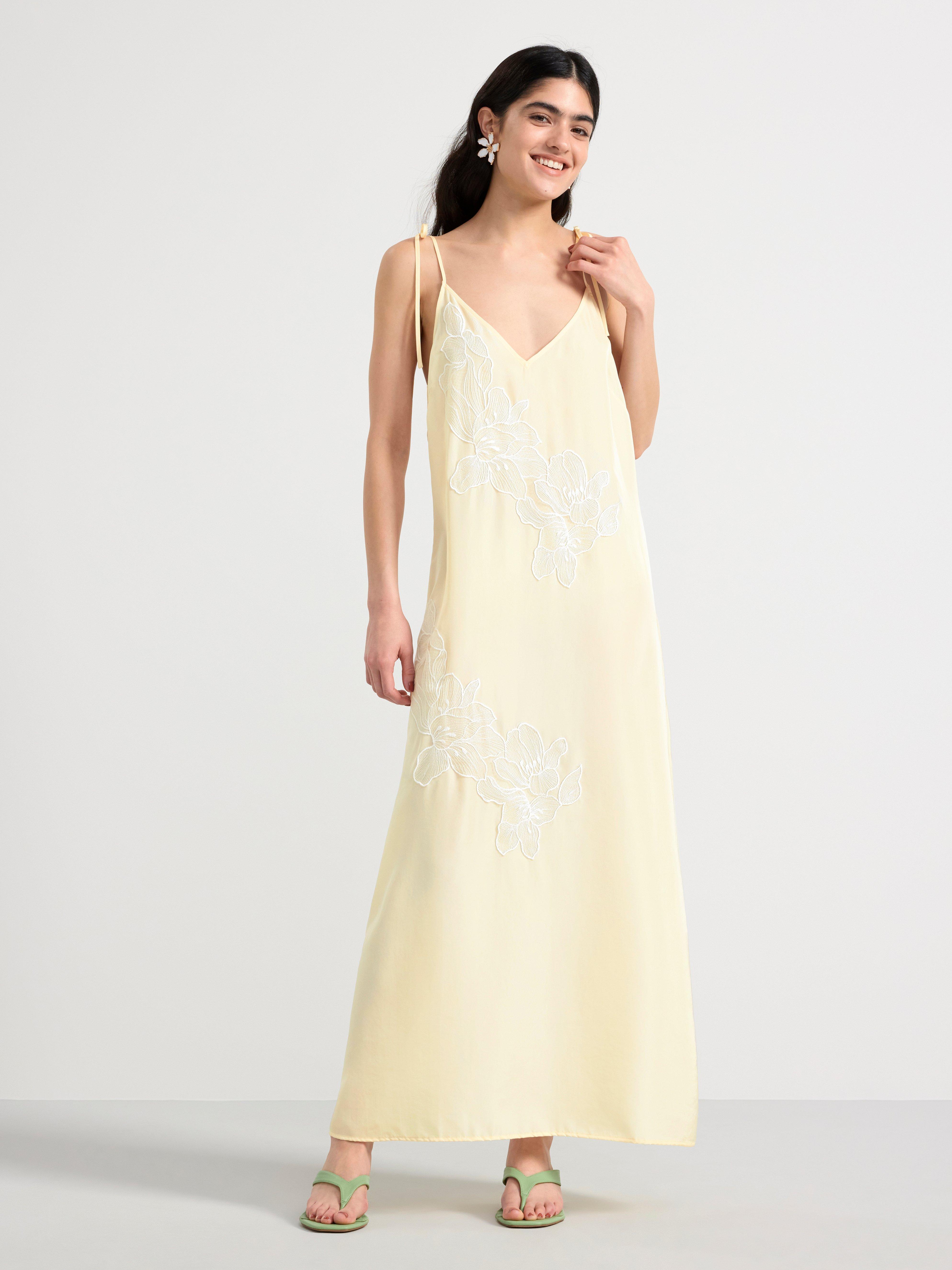 Satin slip dress with flowers Off White
