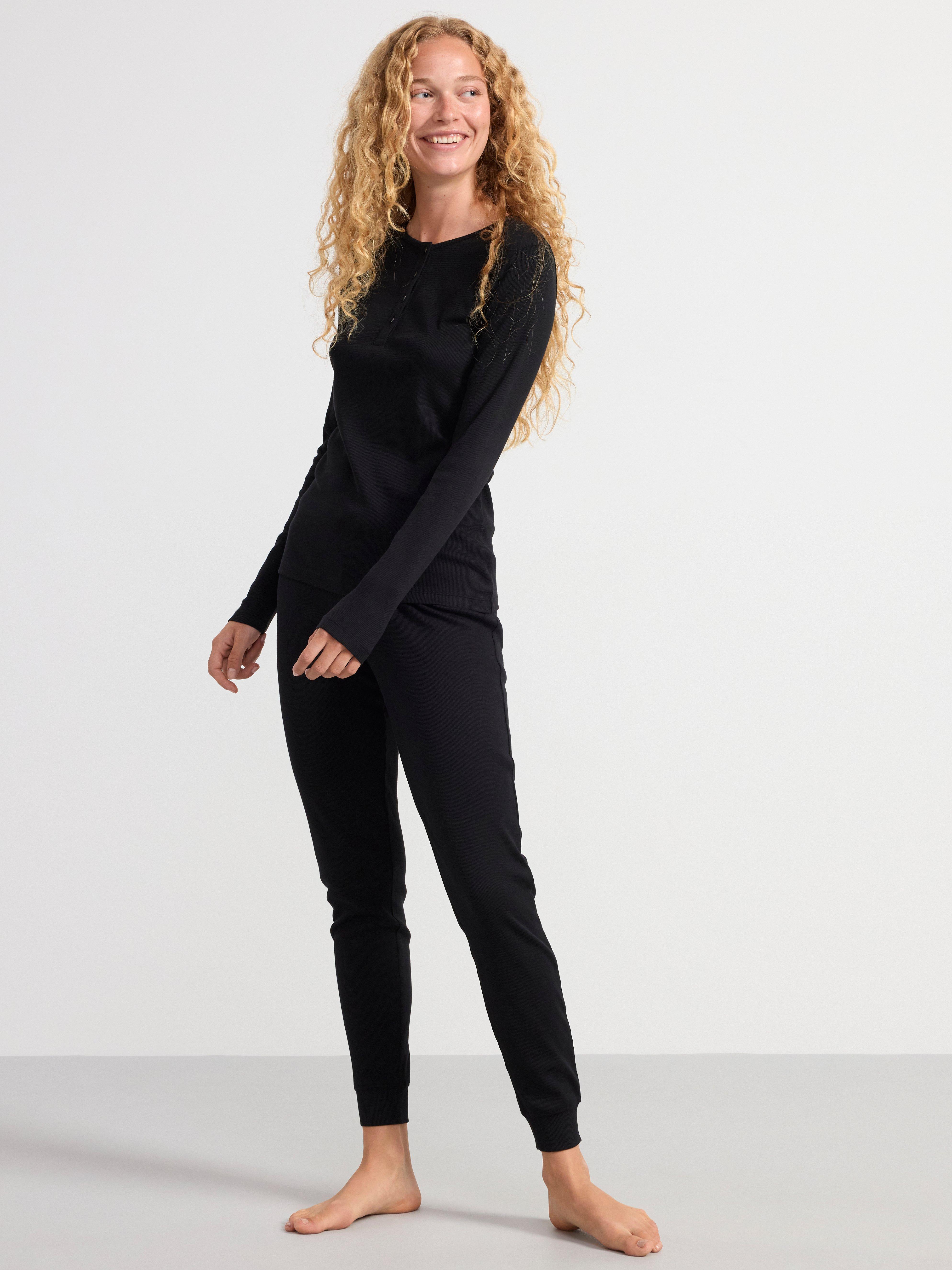 Ribbed long sleeve pyjama top Black