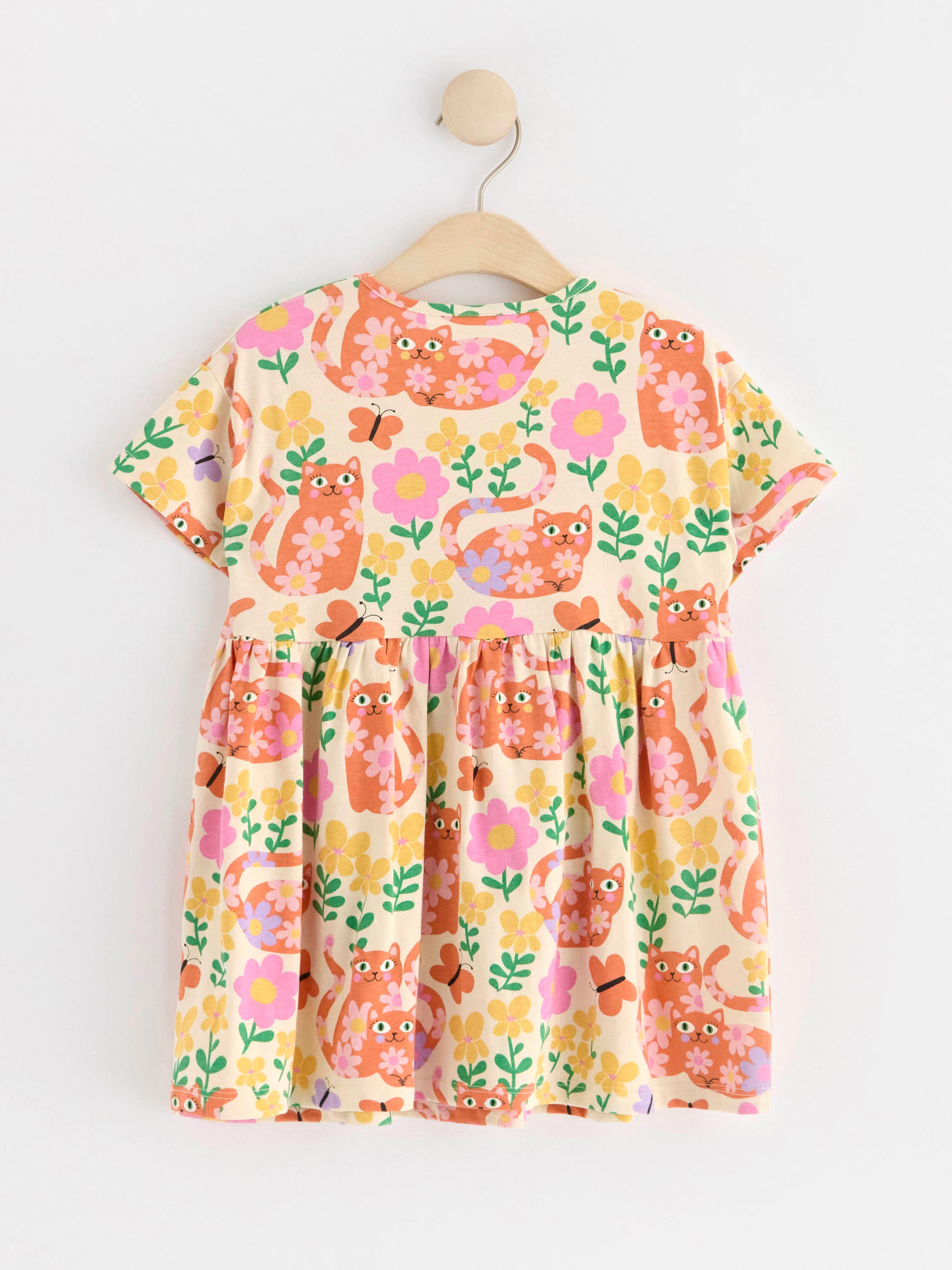 Short sleeve dress with cats and flowers Light Beige
