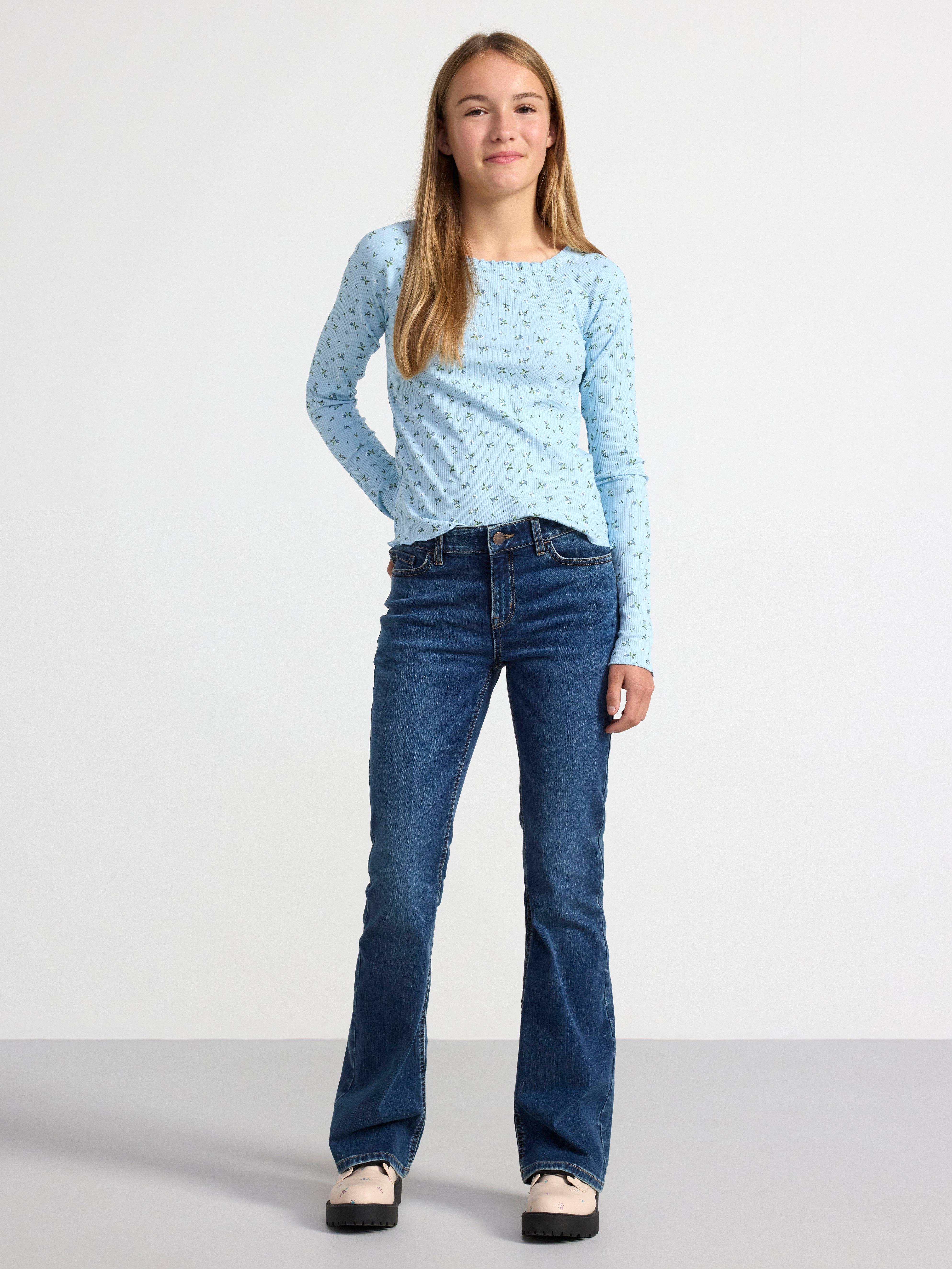 Ribbed long sleeve top with flowers Light Blue