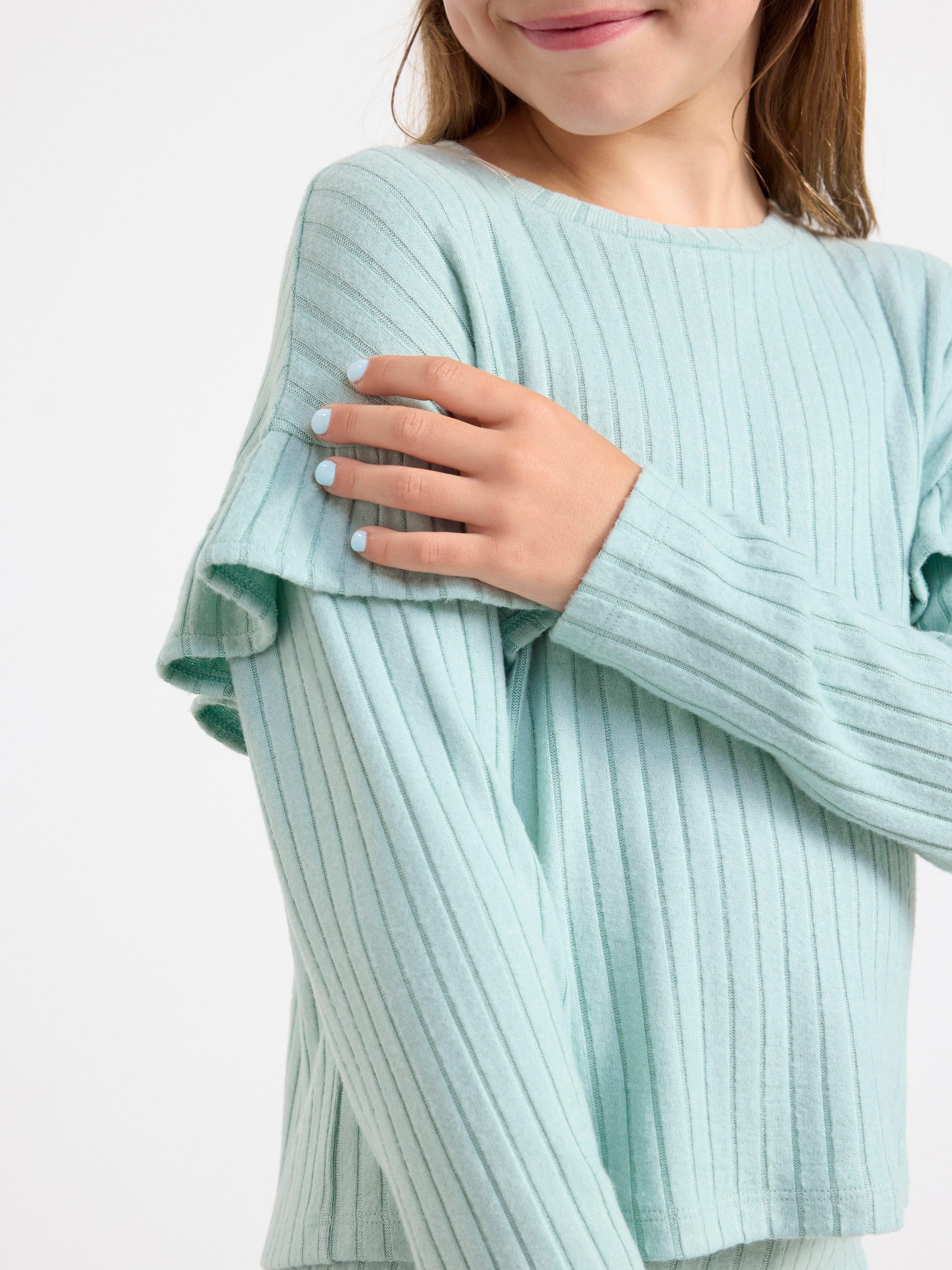 Ribbed long sleeve top with frills Dusty Aqua