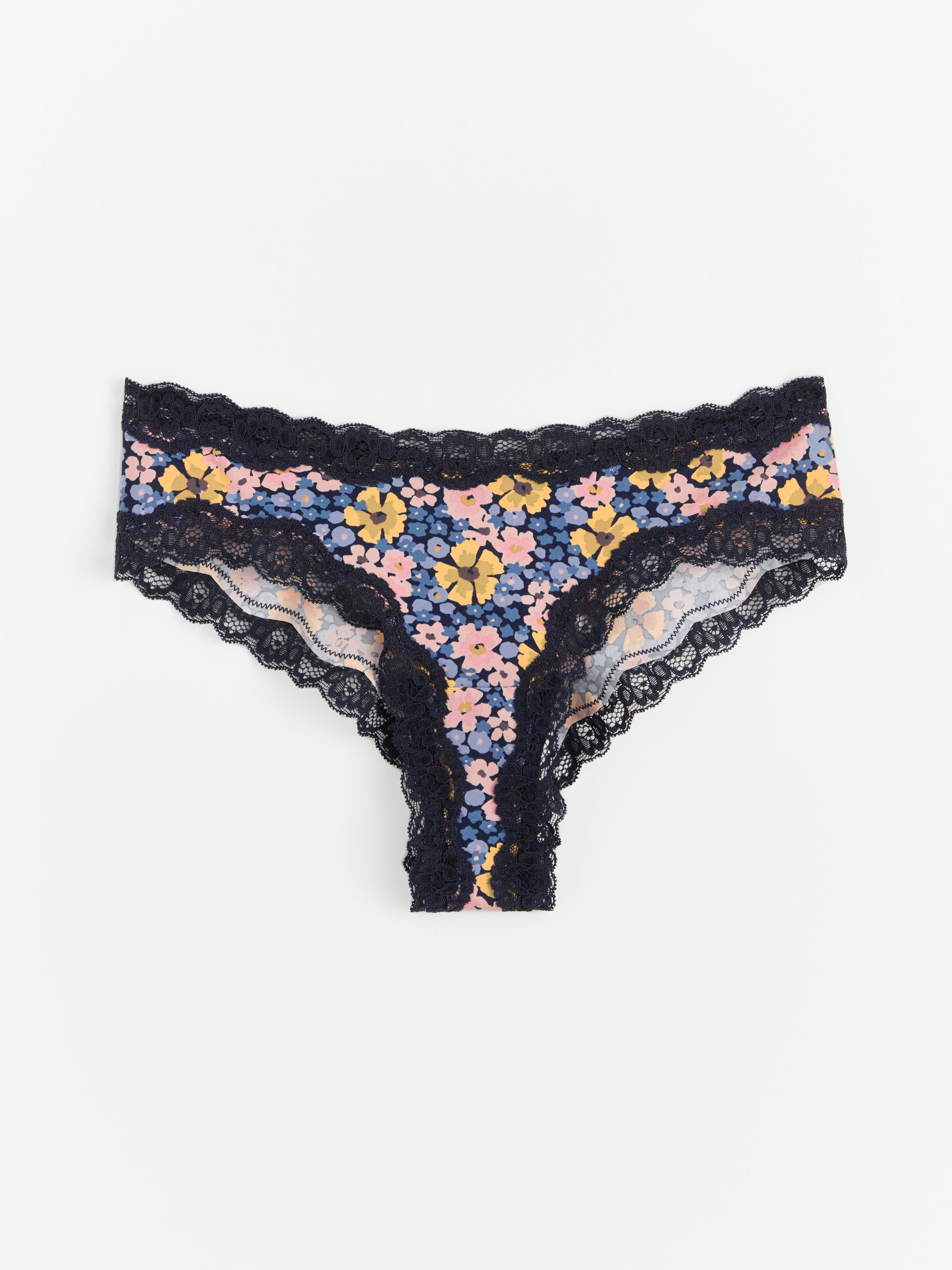 Brazilian low waist briefs with high leg cut and flowers Navy