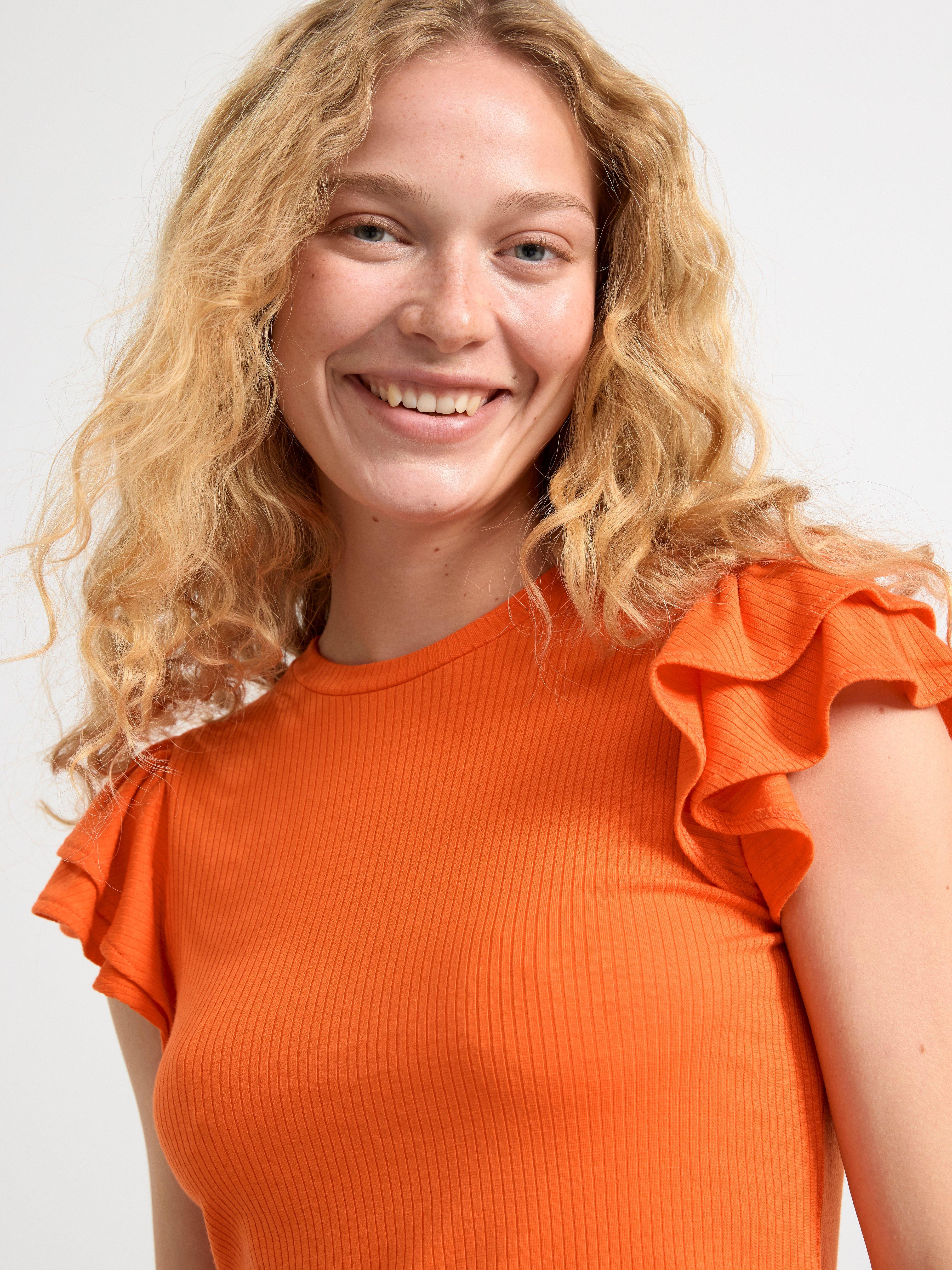 Ribbed top with frill sleeves Orange
