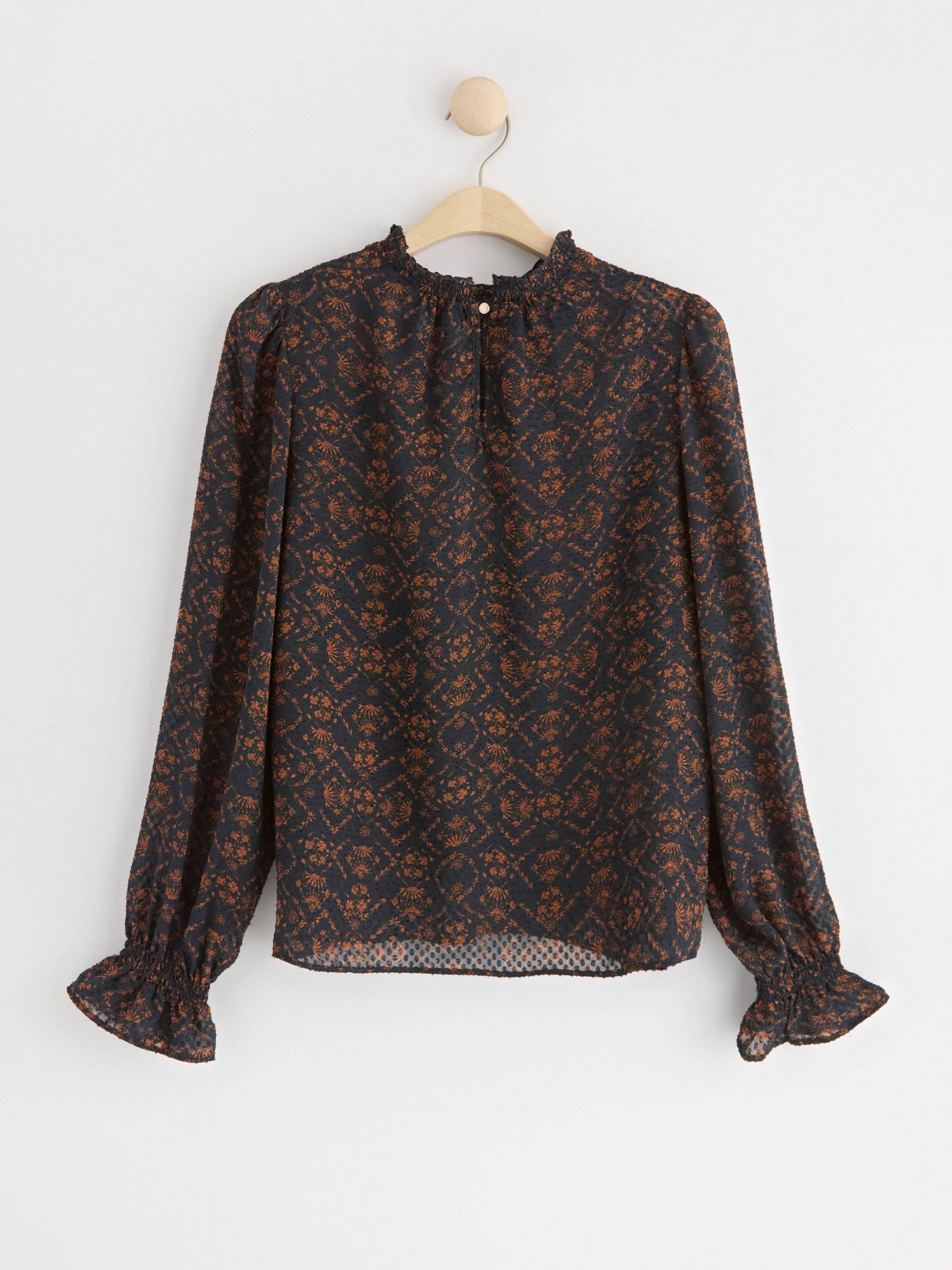 Long sleeve textured blouse with pattern Dark Navy