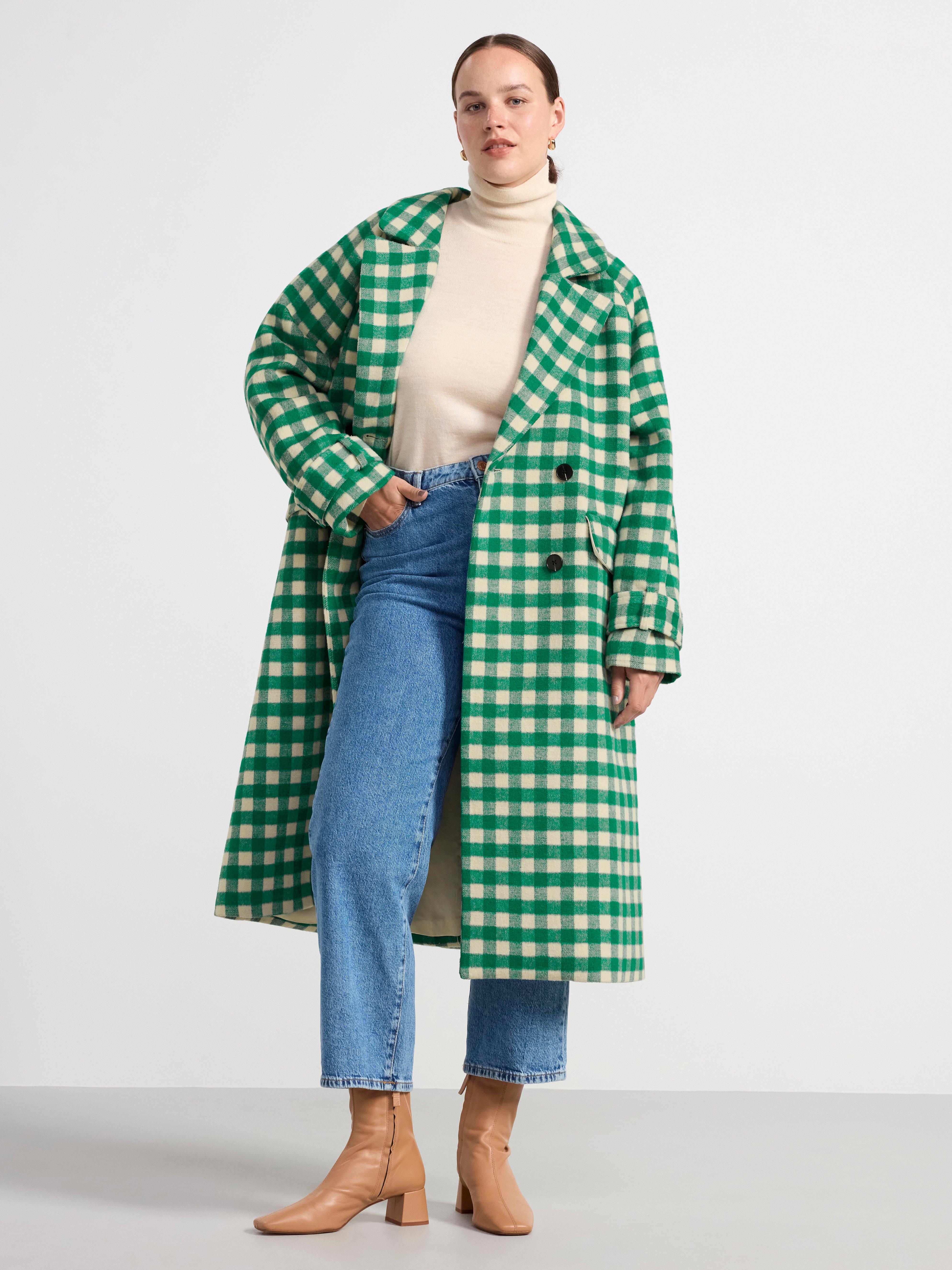 Coat checked double-breasted Green