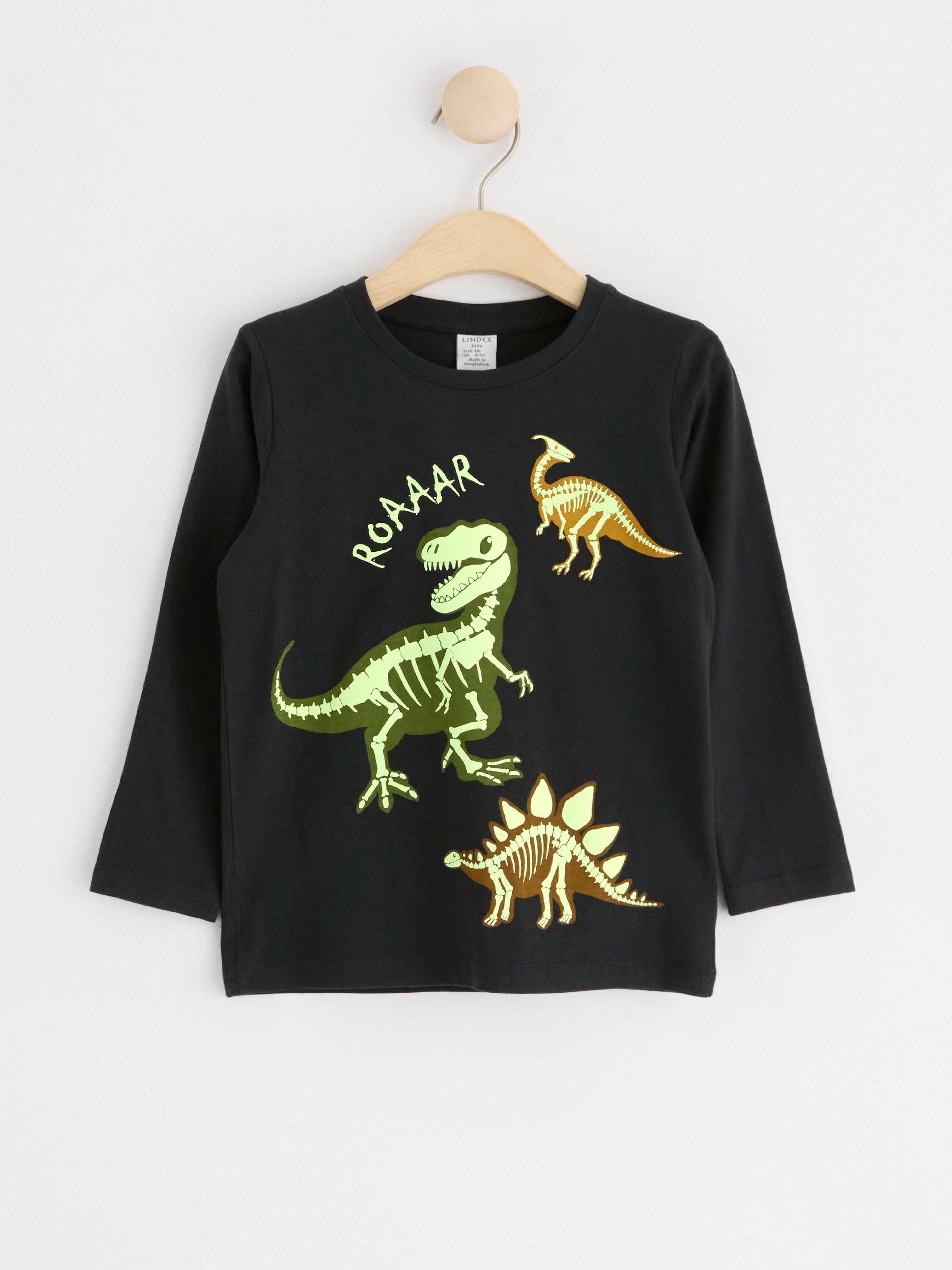 Long sleeve top with glow in the dark dinosaurs Off black