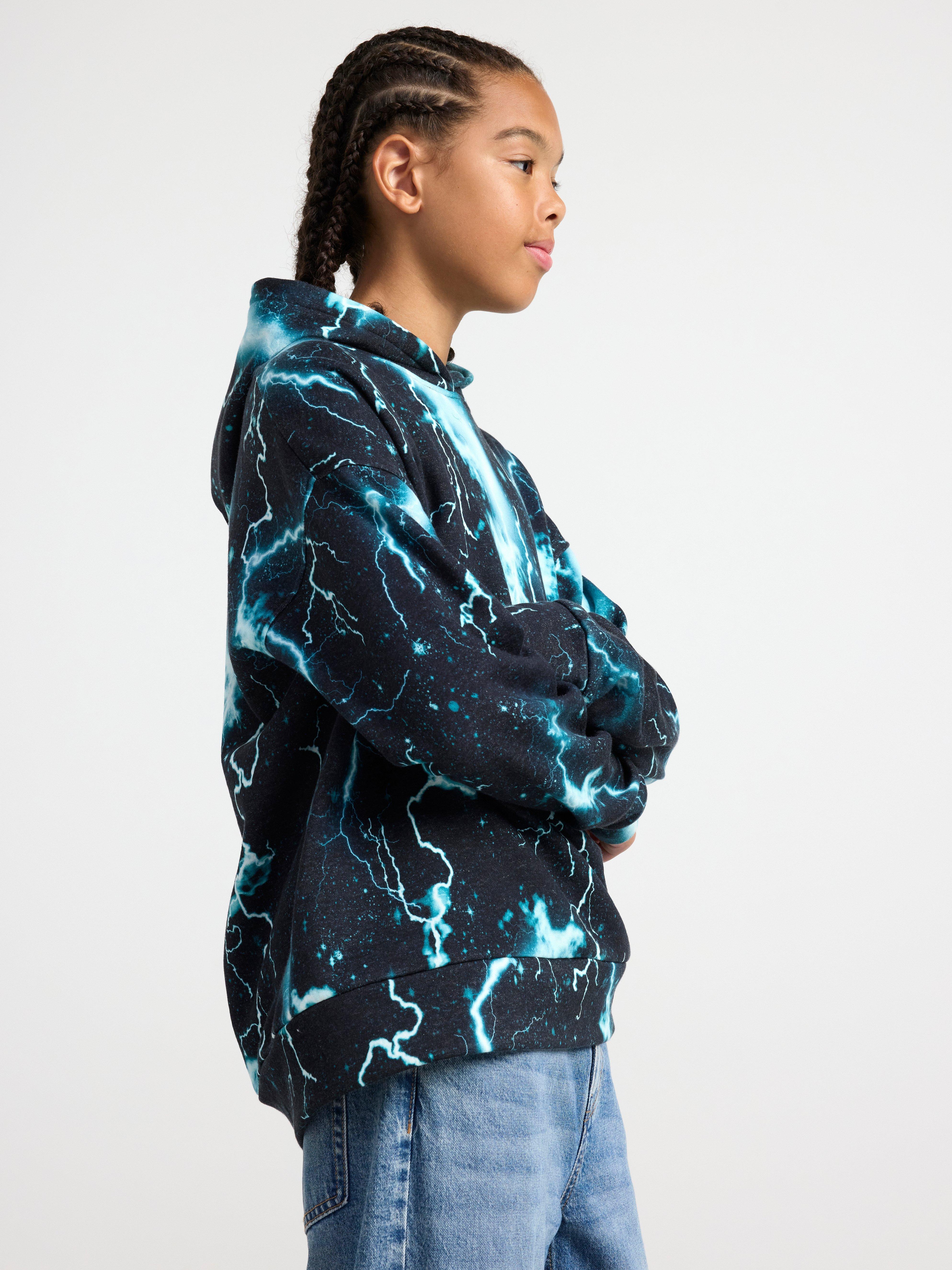 Hoodie with allover print and brushed inside Dusty turqouise