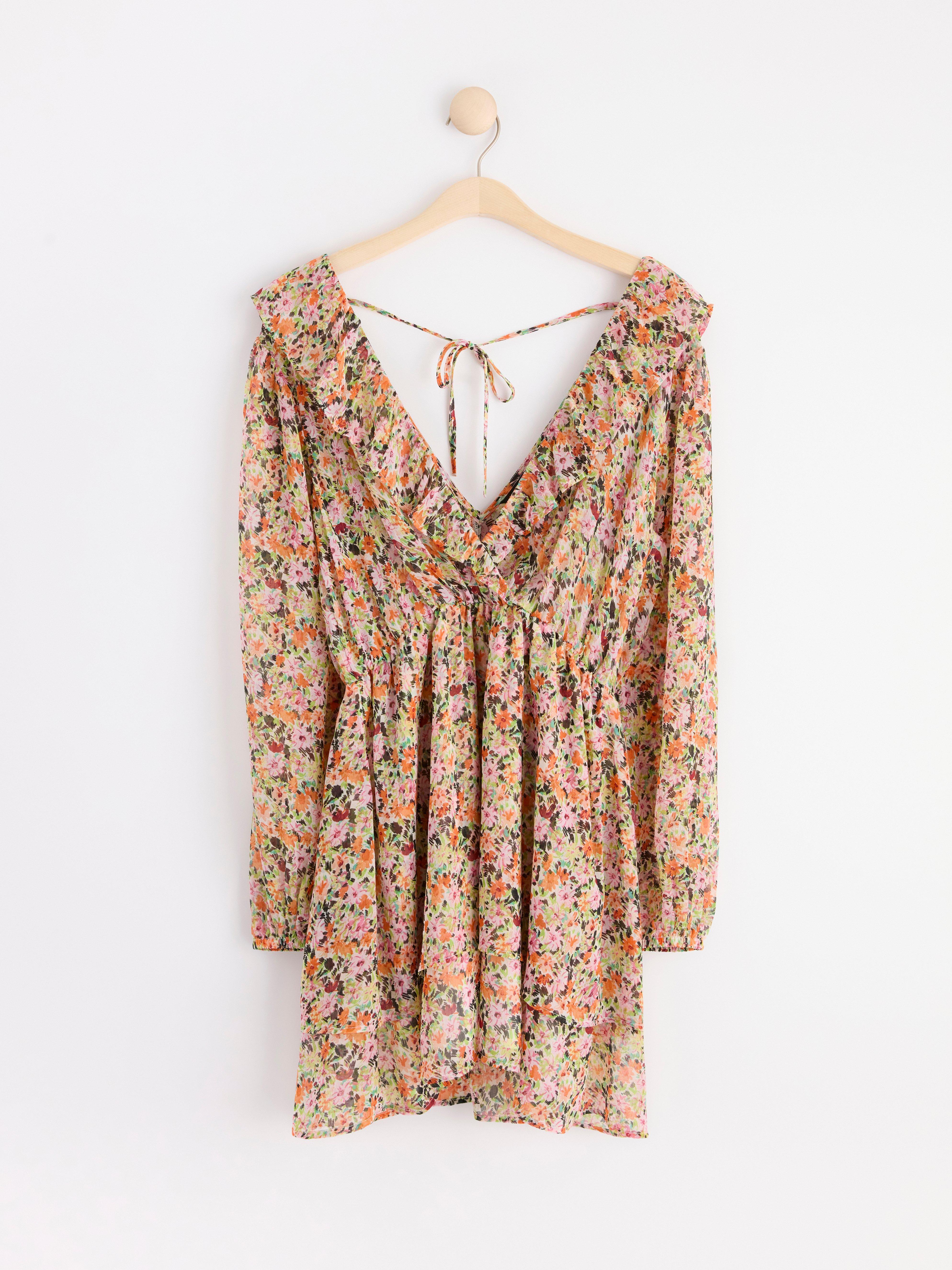 Long sleeve chiffon dress with flowers Orange