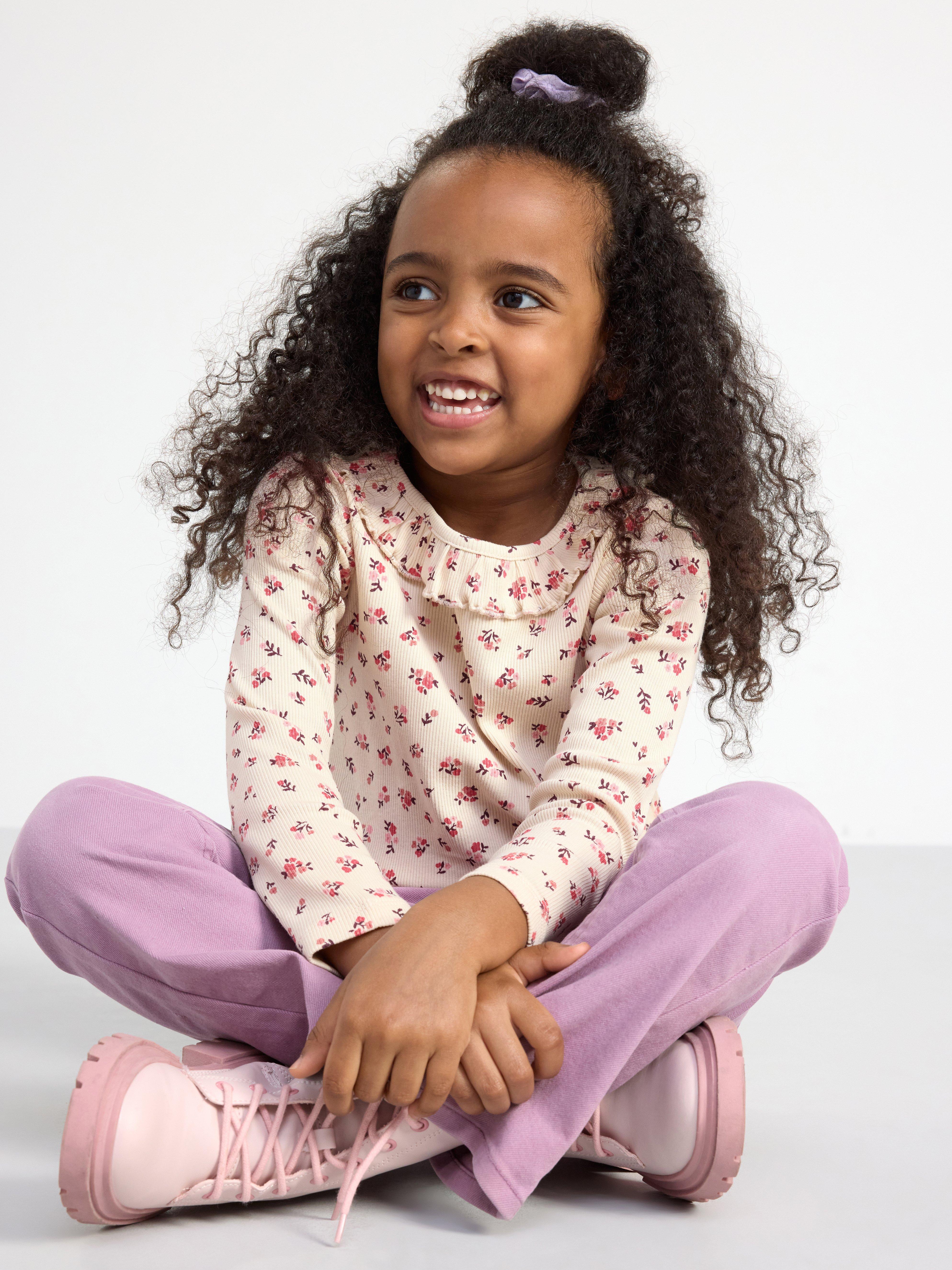 Ribbed top with flowers and frill collar Light Beige