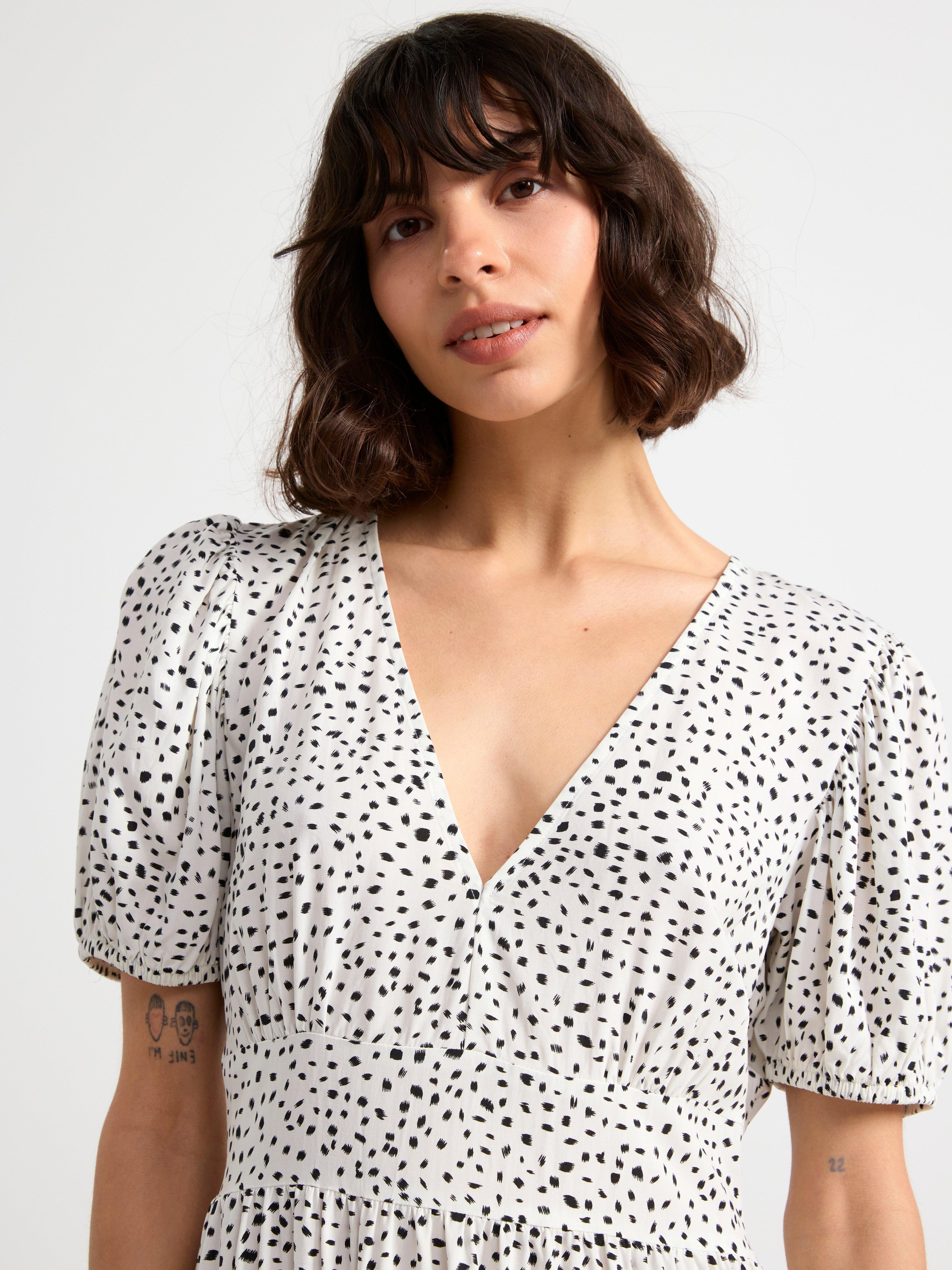 Patterned puff sleeve dress Light White