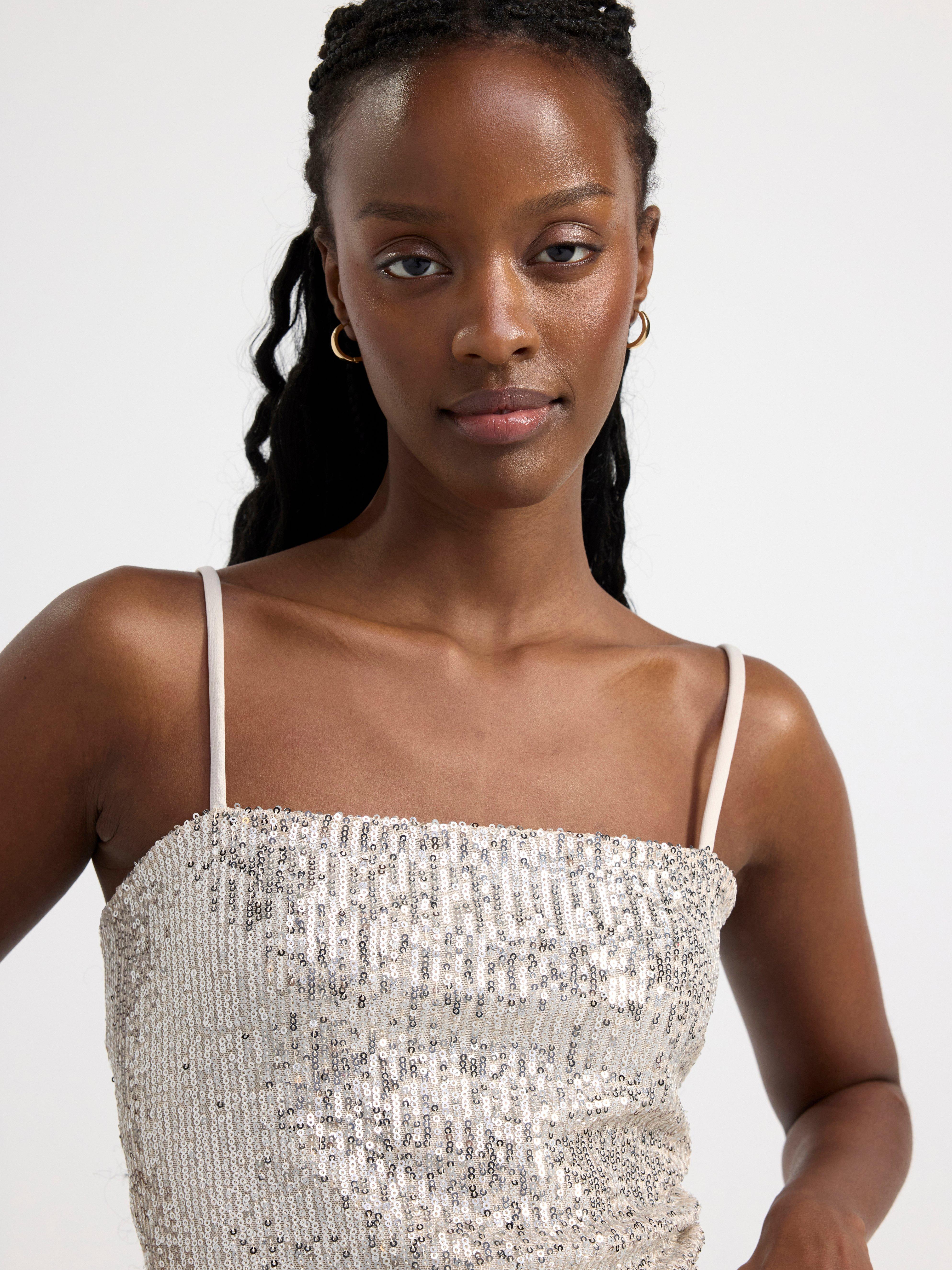 Cropped top with sequins beige