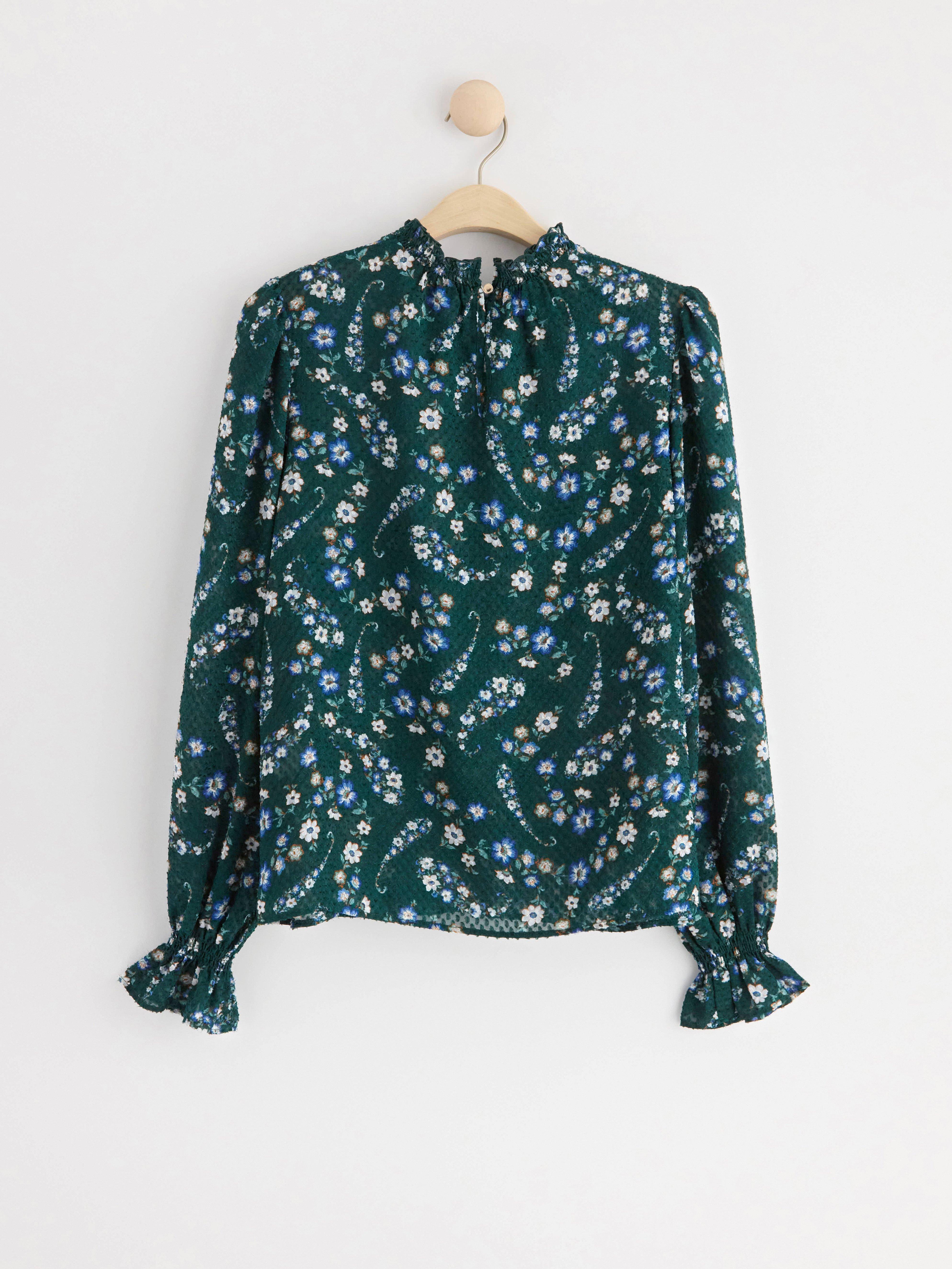 Long sleeve textured blouse with pattern Dark Green