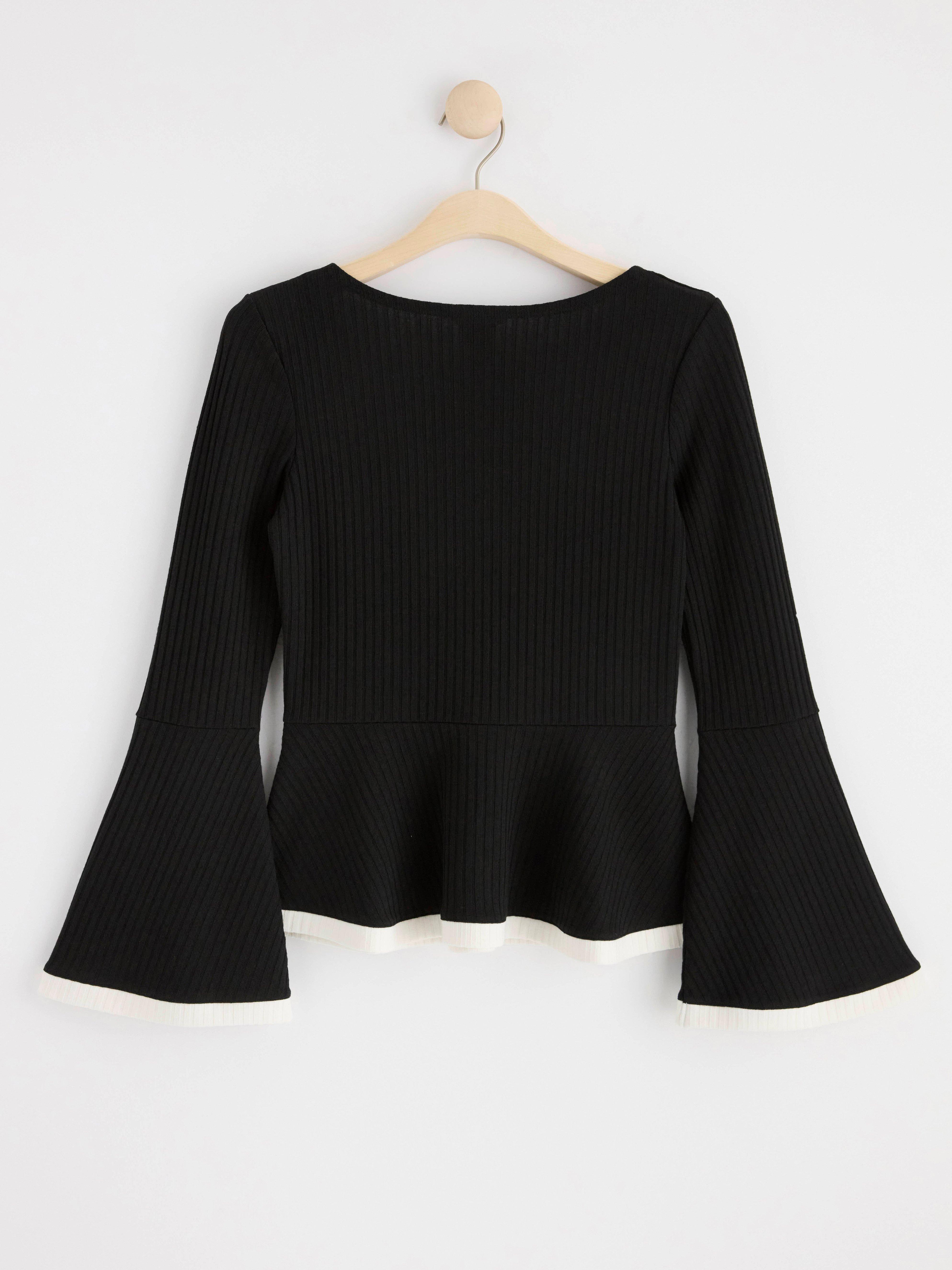 Ribbed long sleeve peplum top Black