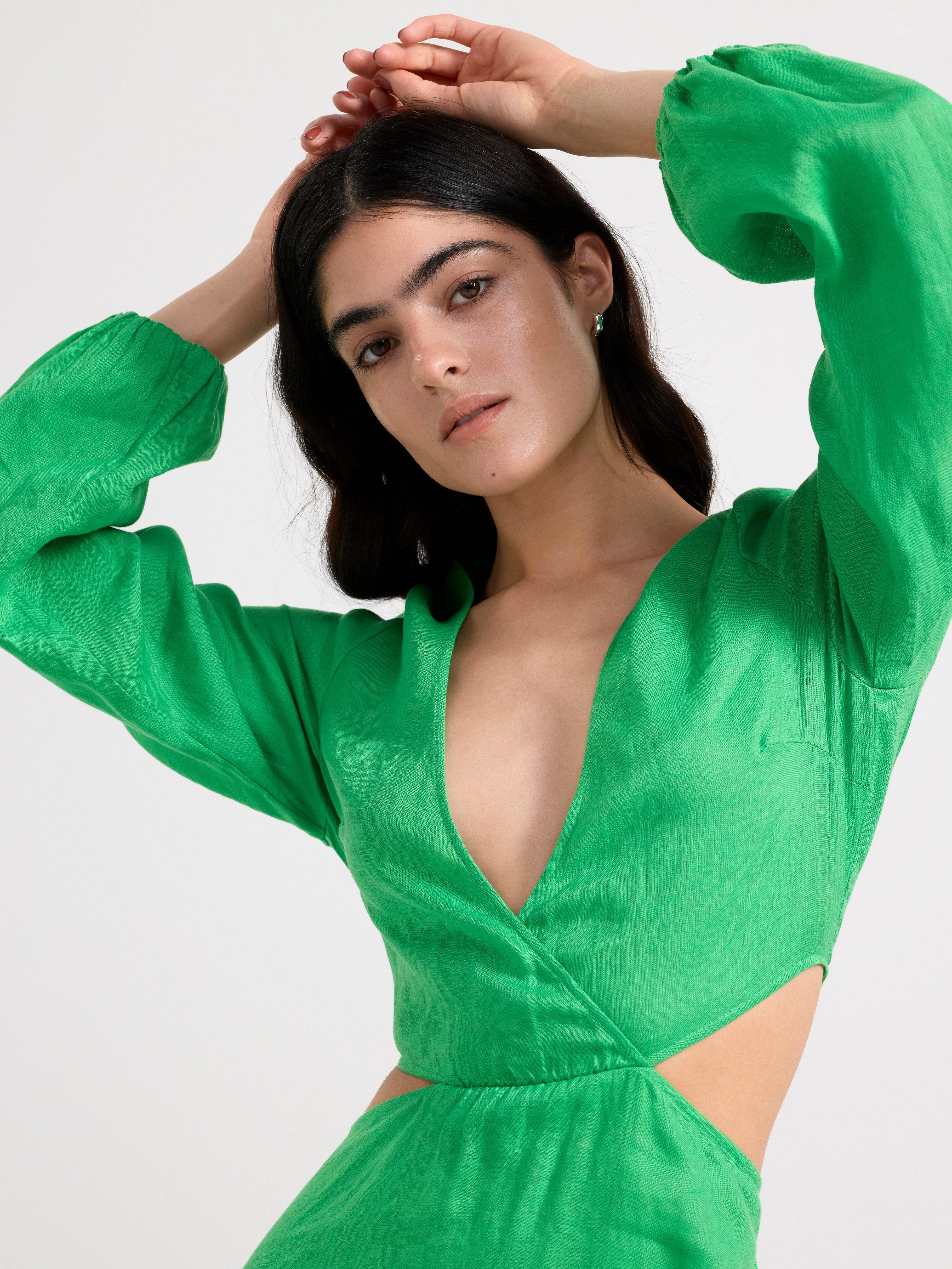 Linen cut out dress Green