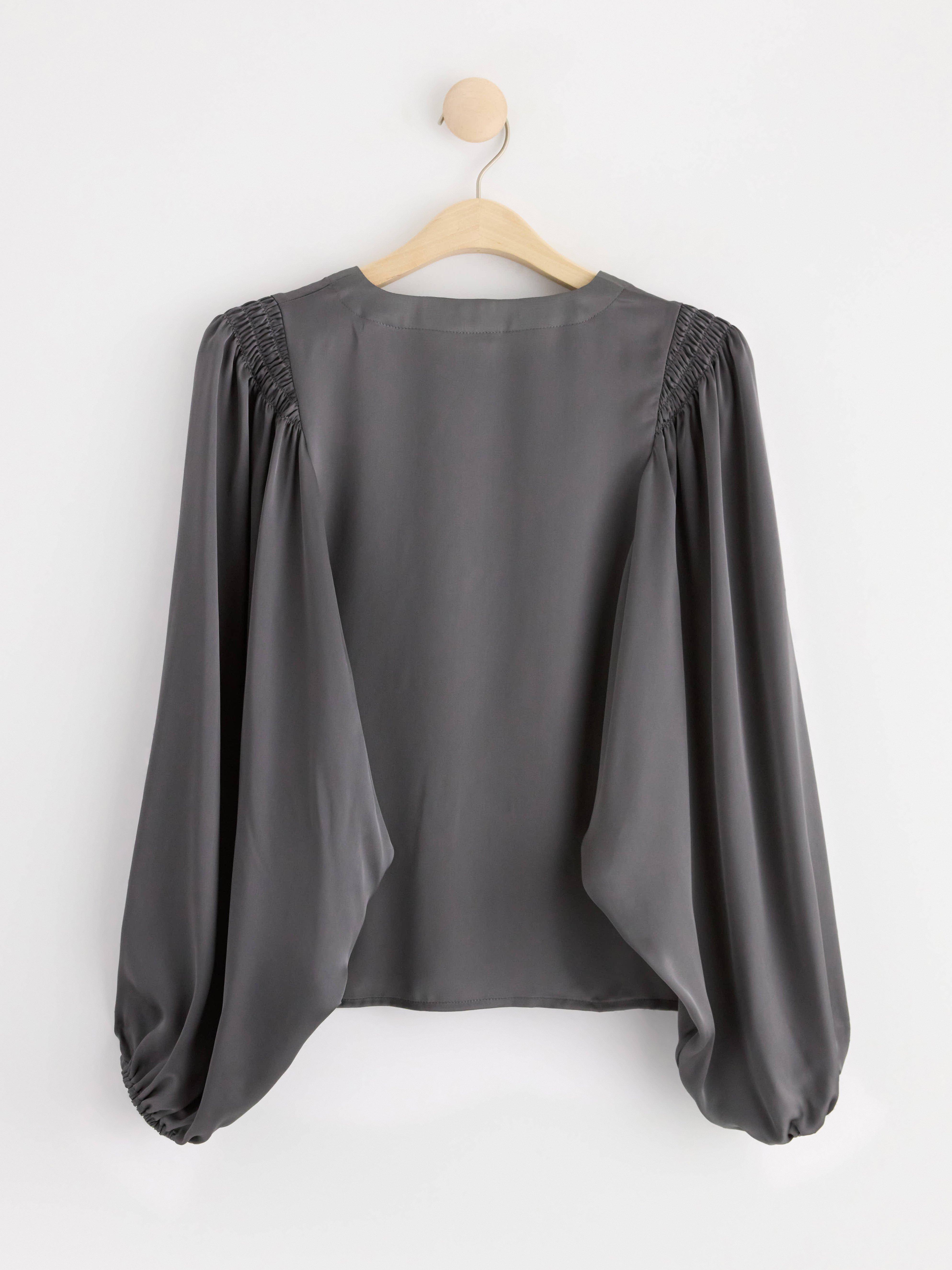 Satin blouse with long puff sleeves grey