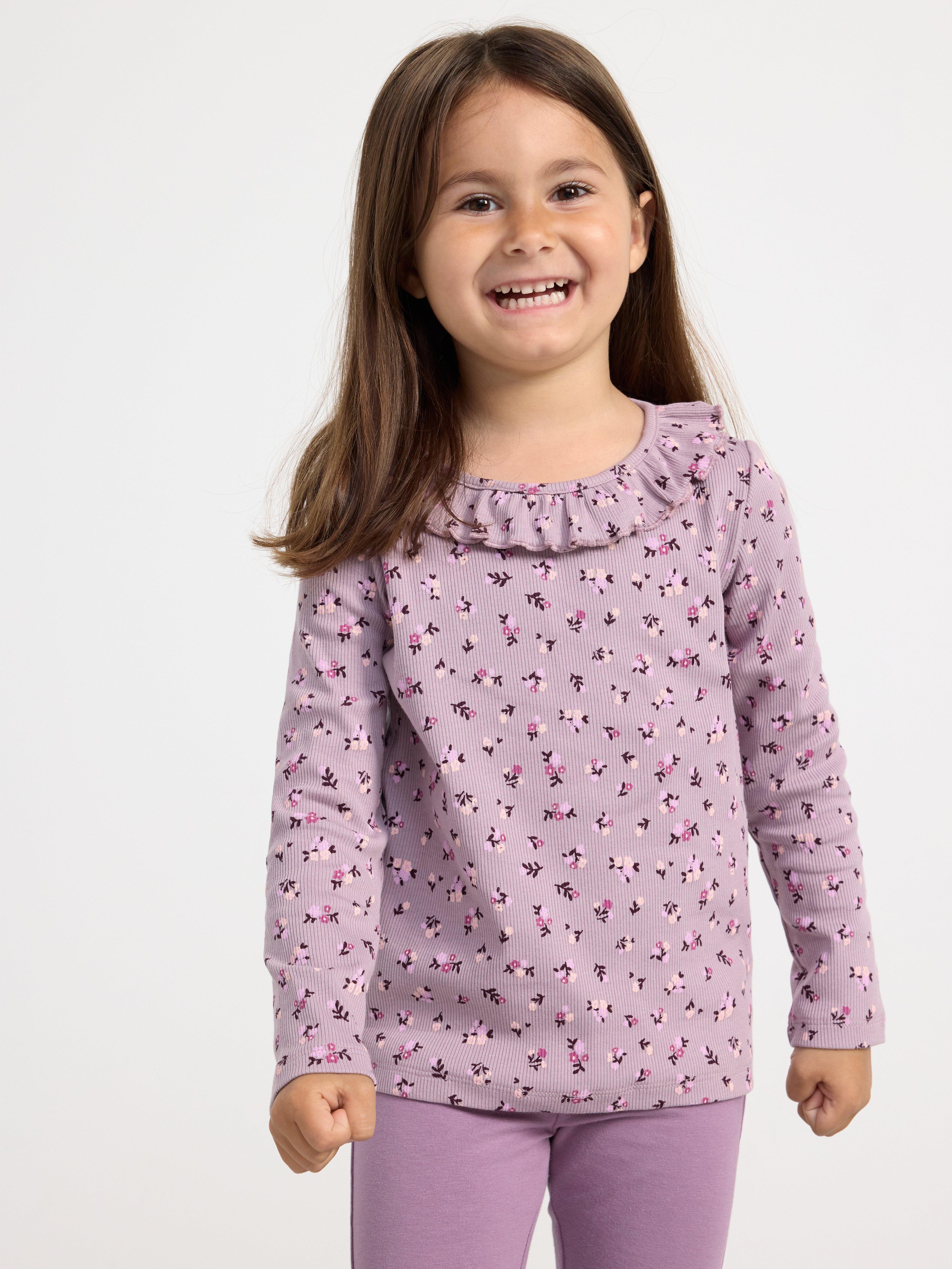 Ribbed top with flowers and frill collar Light Dusty Lilac