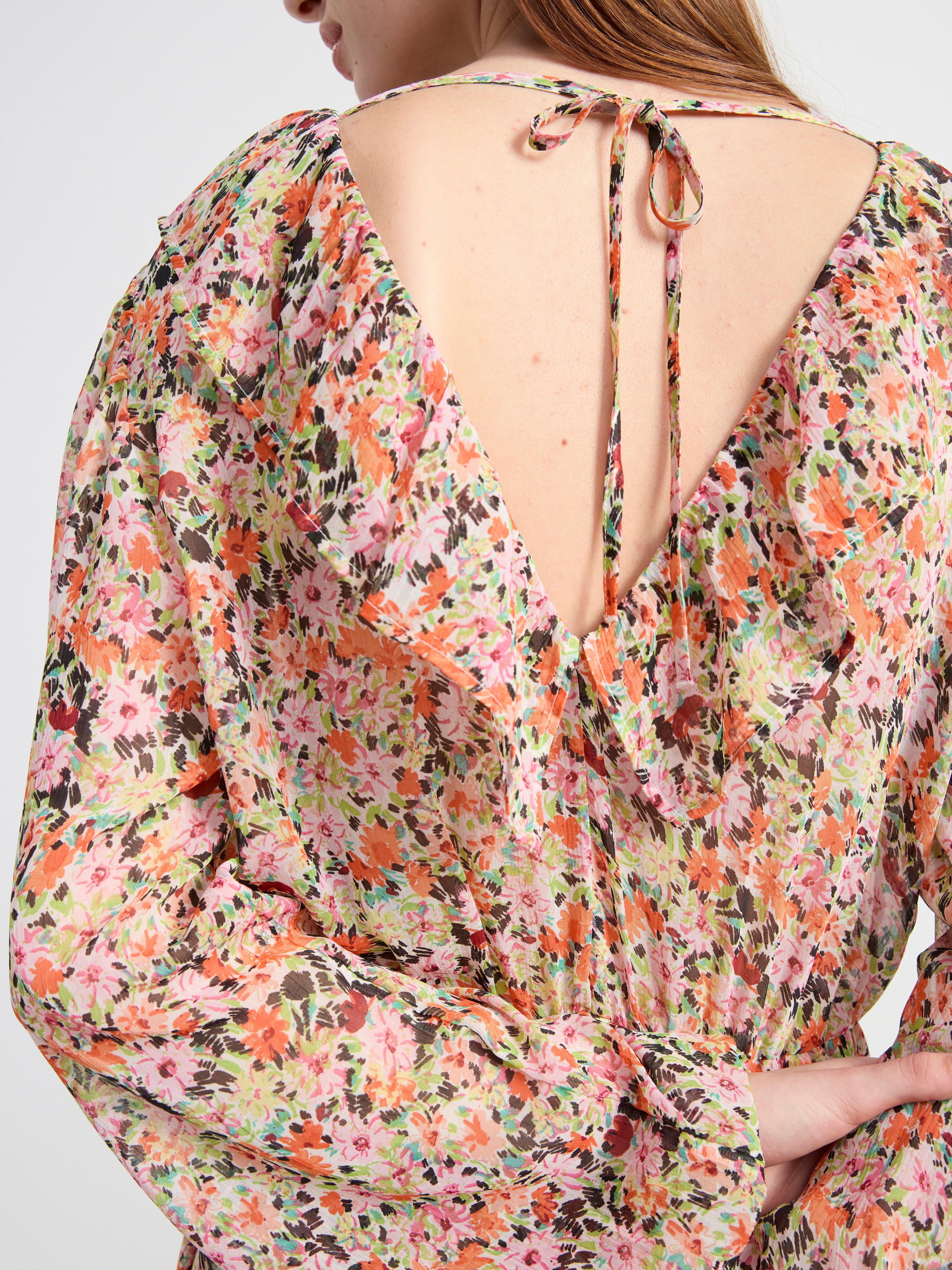 Long sleeve chiffon dress with flowers Orange