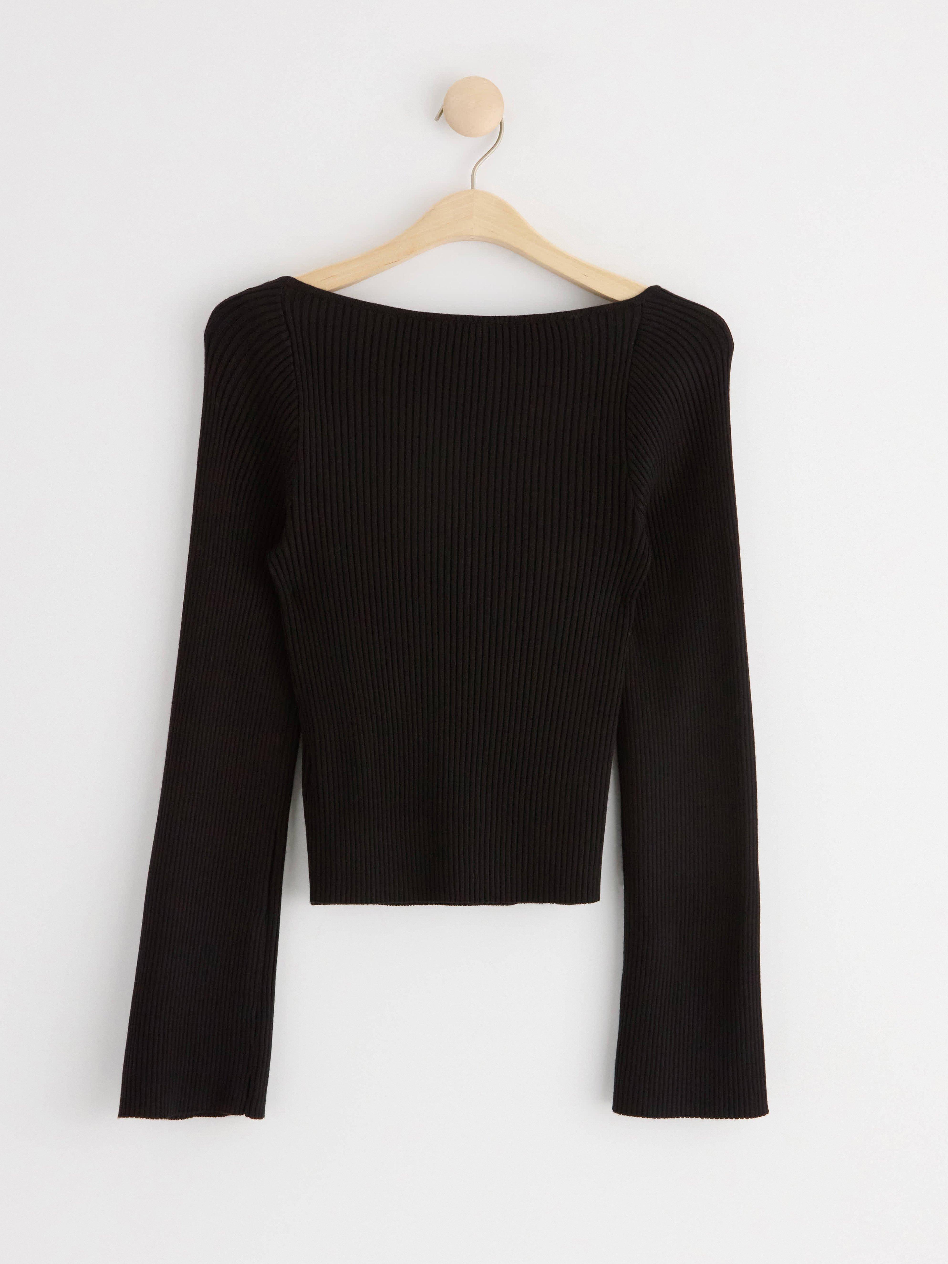 Ribbed knitted long sleeve top Black