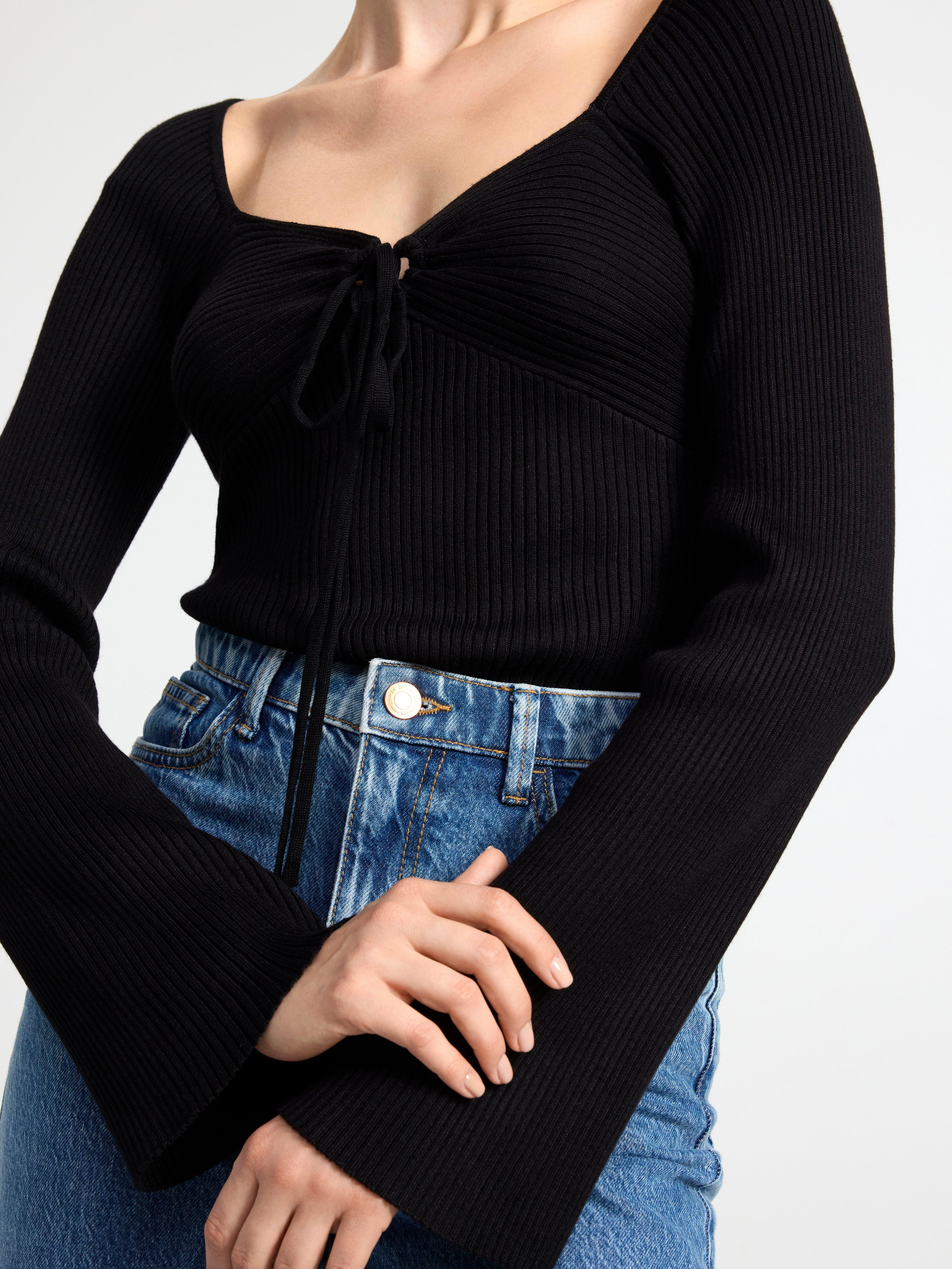 Ribbed knitted long sleeve top Black