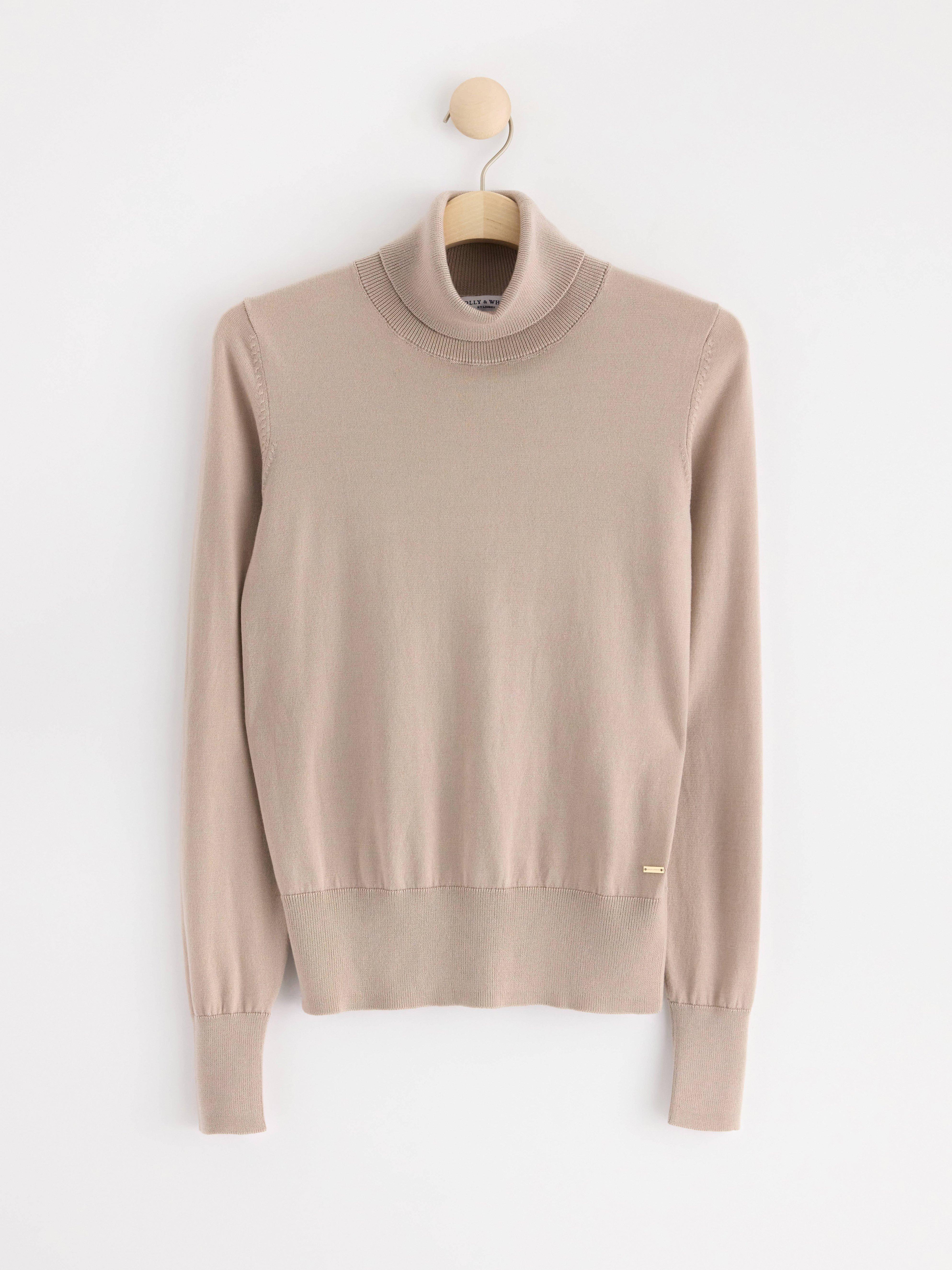 Fine-knit roll neck top Light Beige