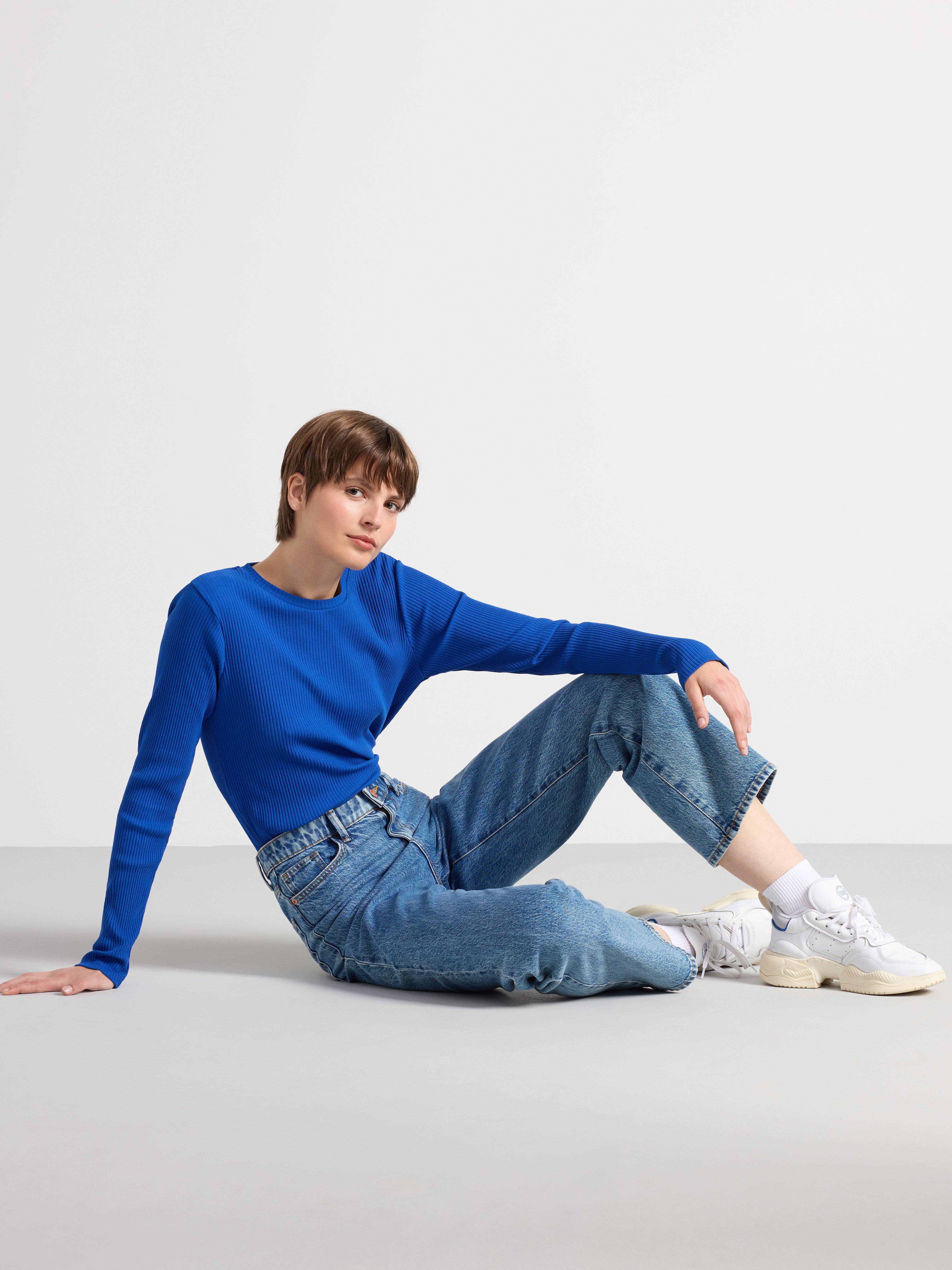 Rib-knitted long sleeve top blue
