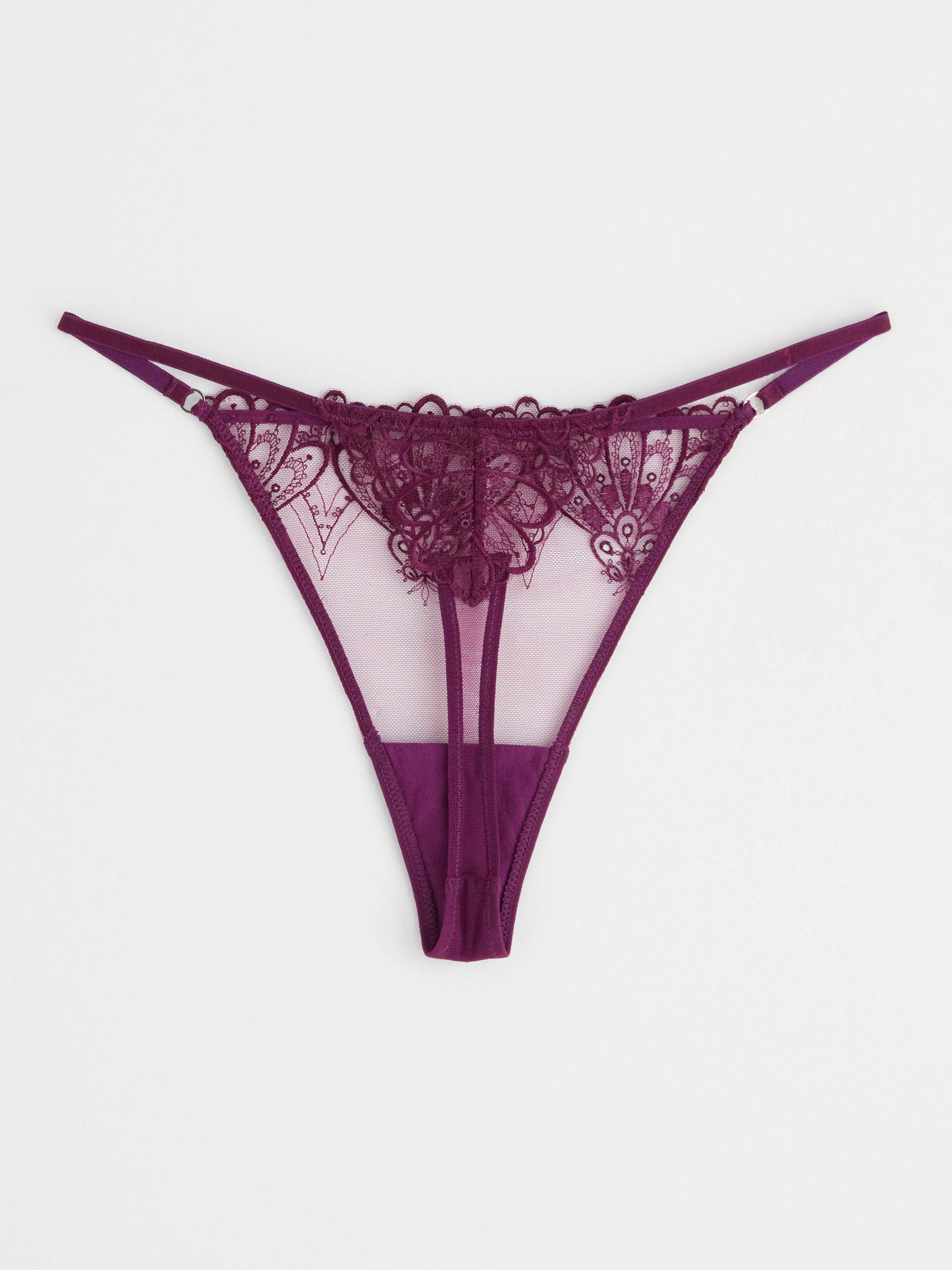 Thong low waist with mesh and lace Dark Lilac
