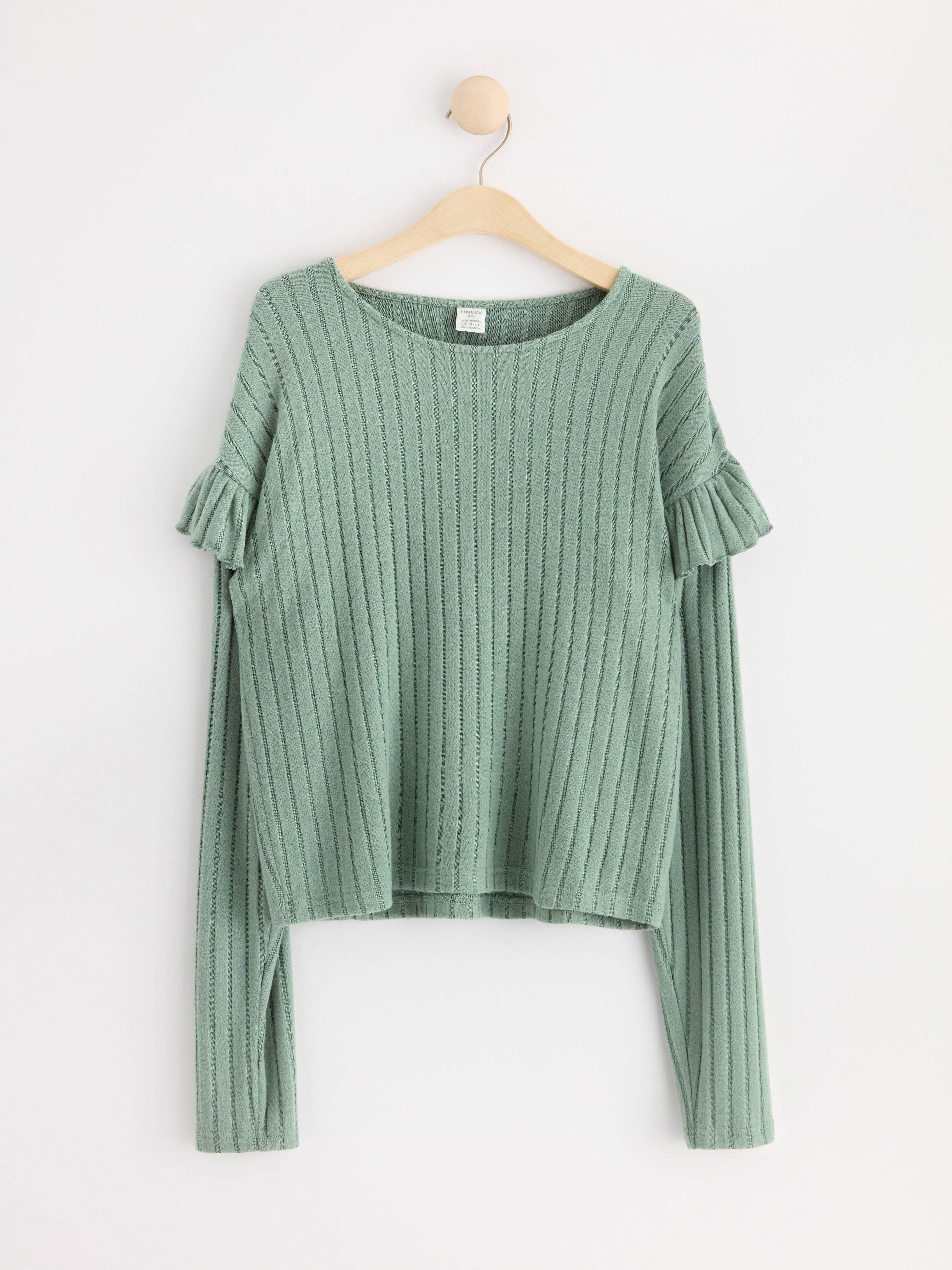 Ribbed long sleeve top with frills Light Dusty Green