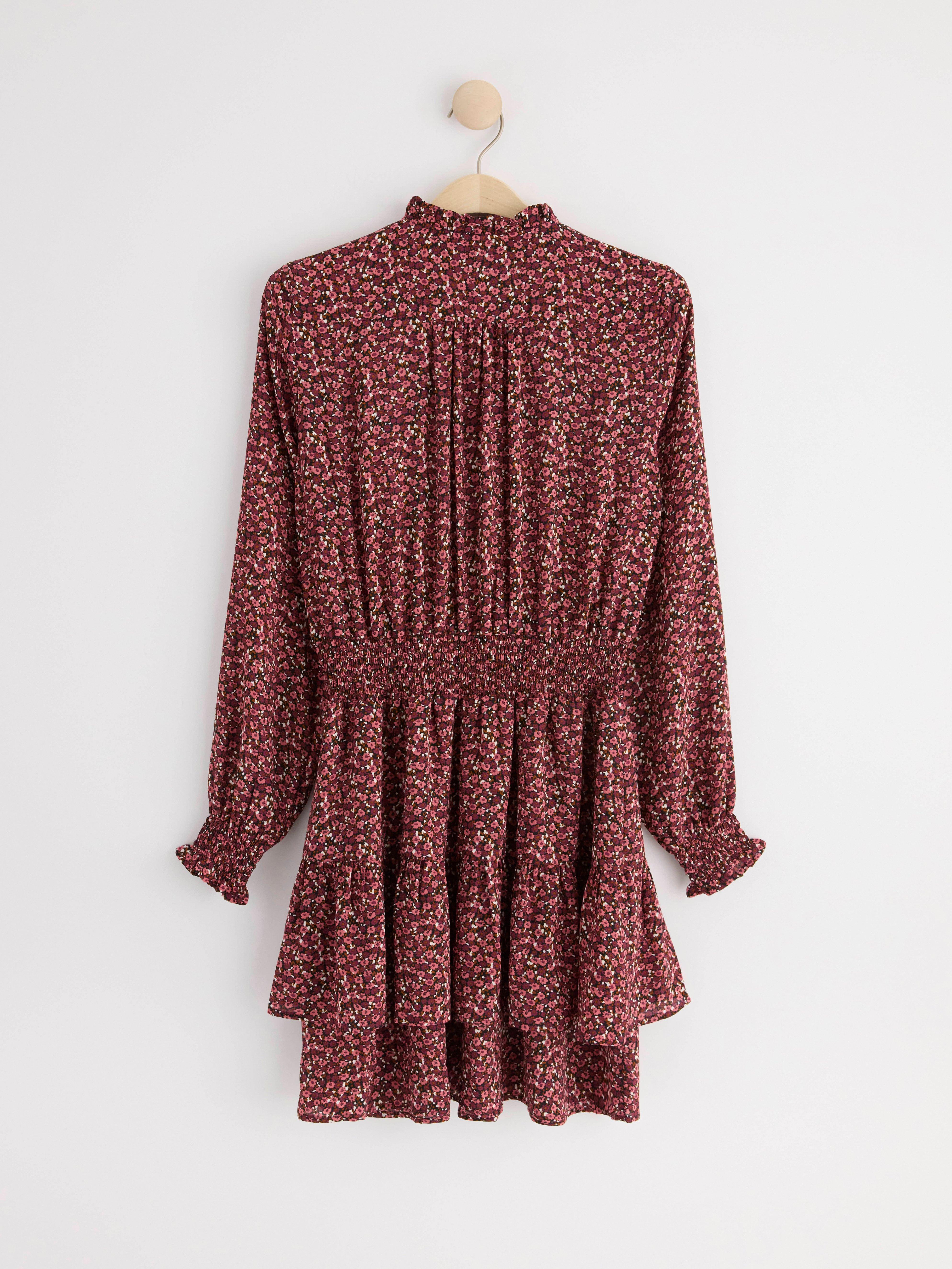 Patterned long sleeve dress with flounces Dark Pink