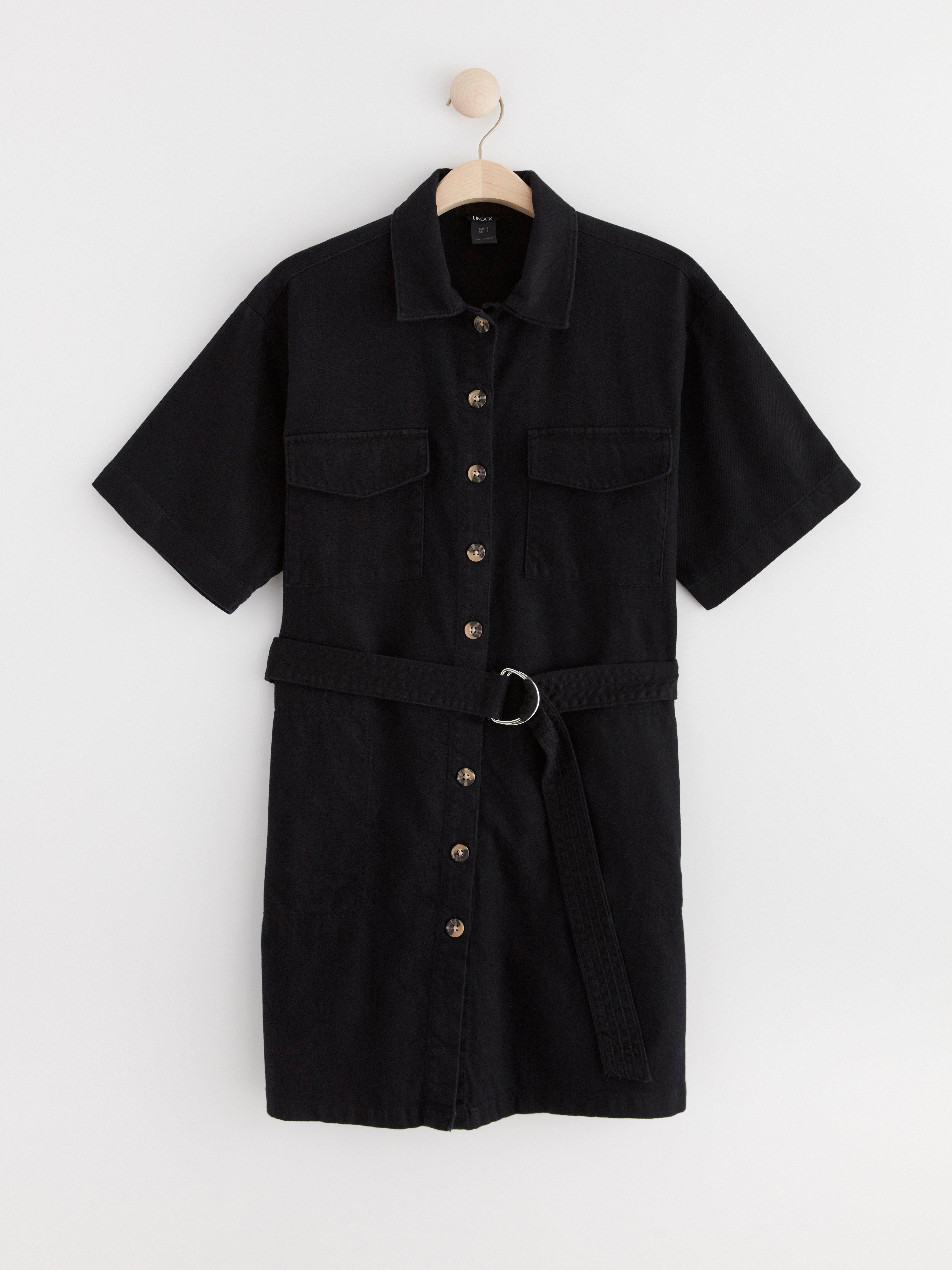 Shirt dress with pockets and belt to waist Black