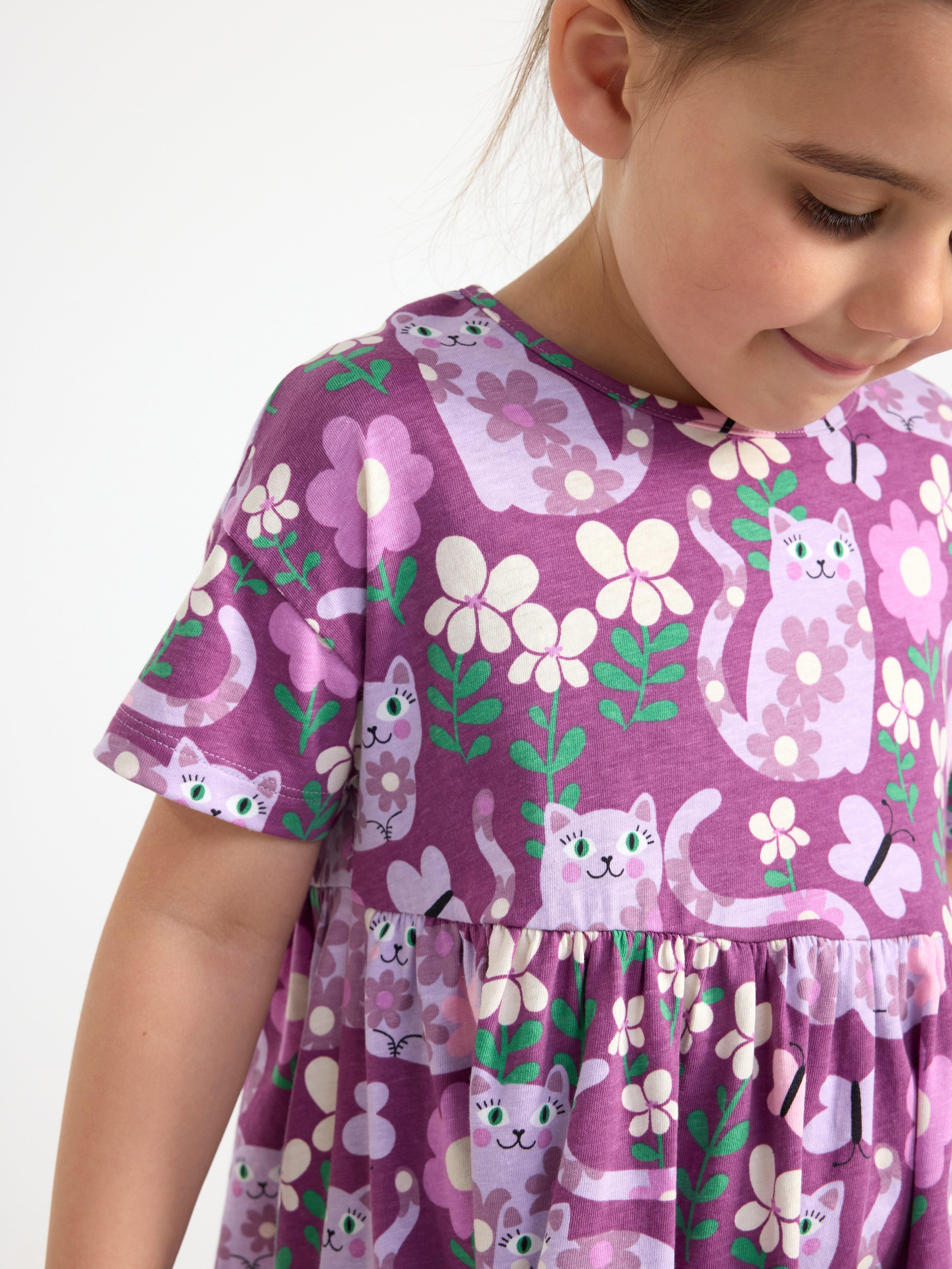 Short sleeve dress with cats and flowers LILAC