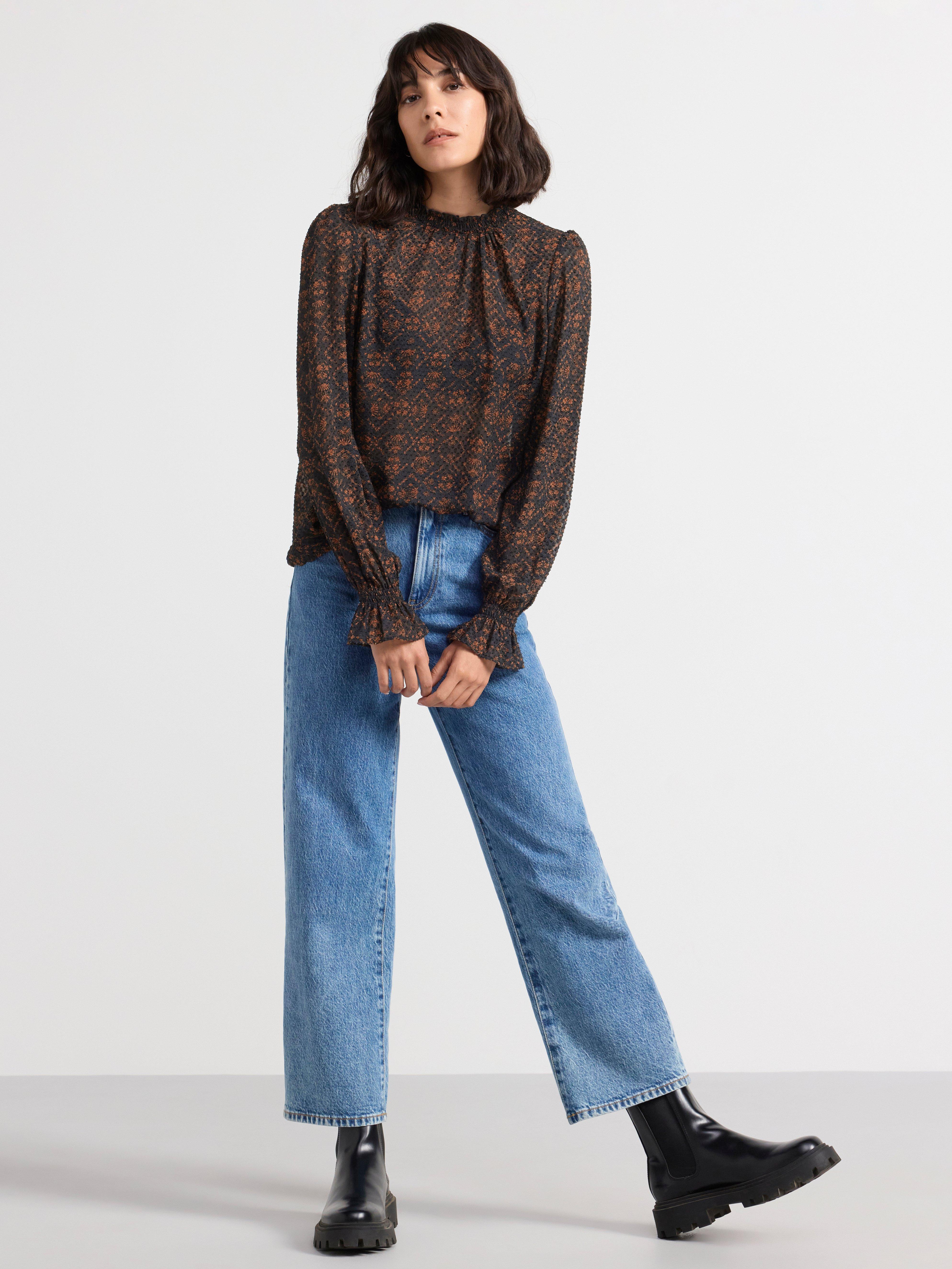 Long sleeve textured blouse with pattern Dark Navy