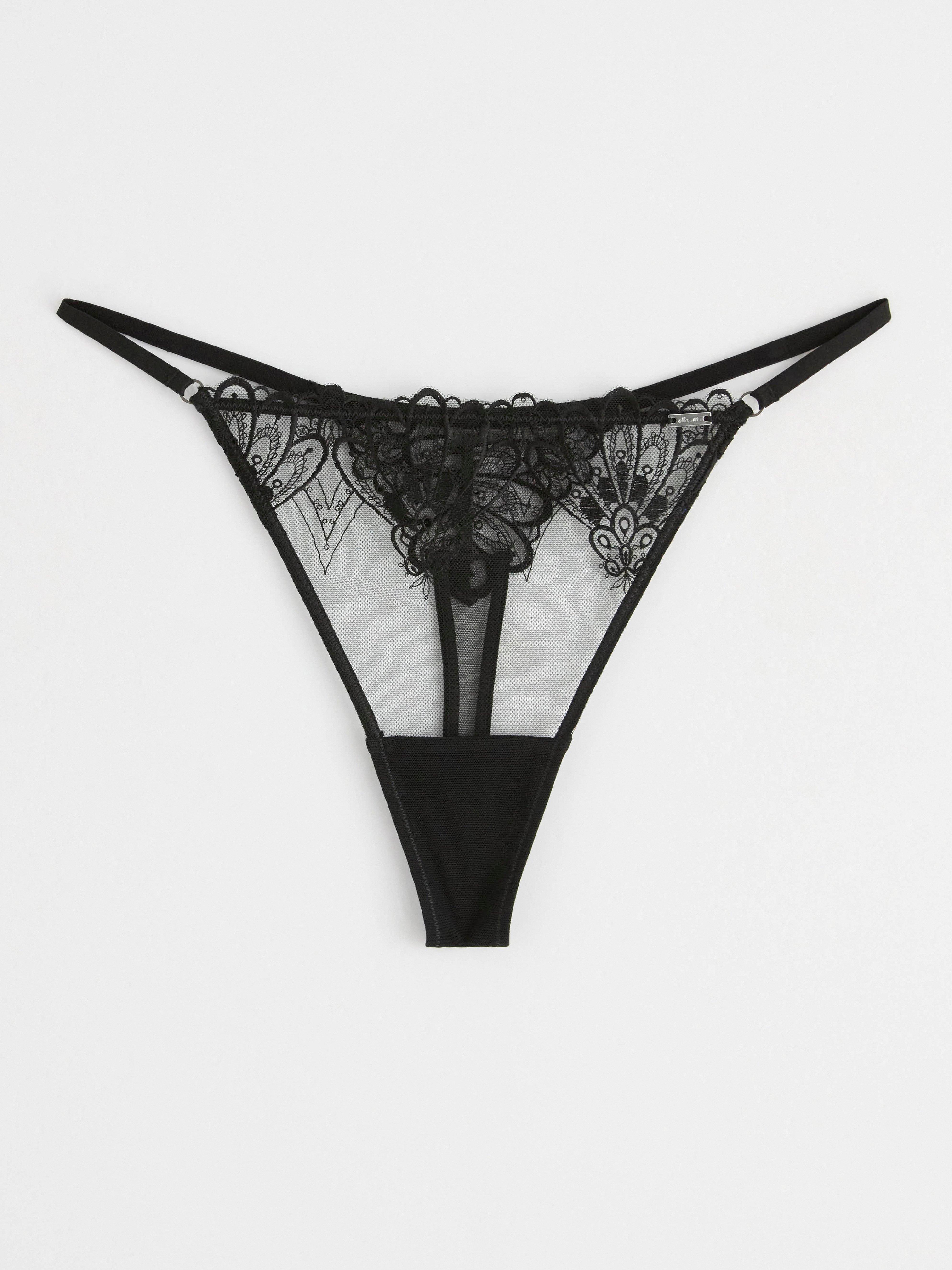 Thong low waist with mesh and lace Black