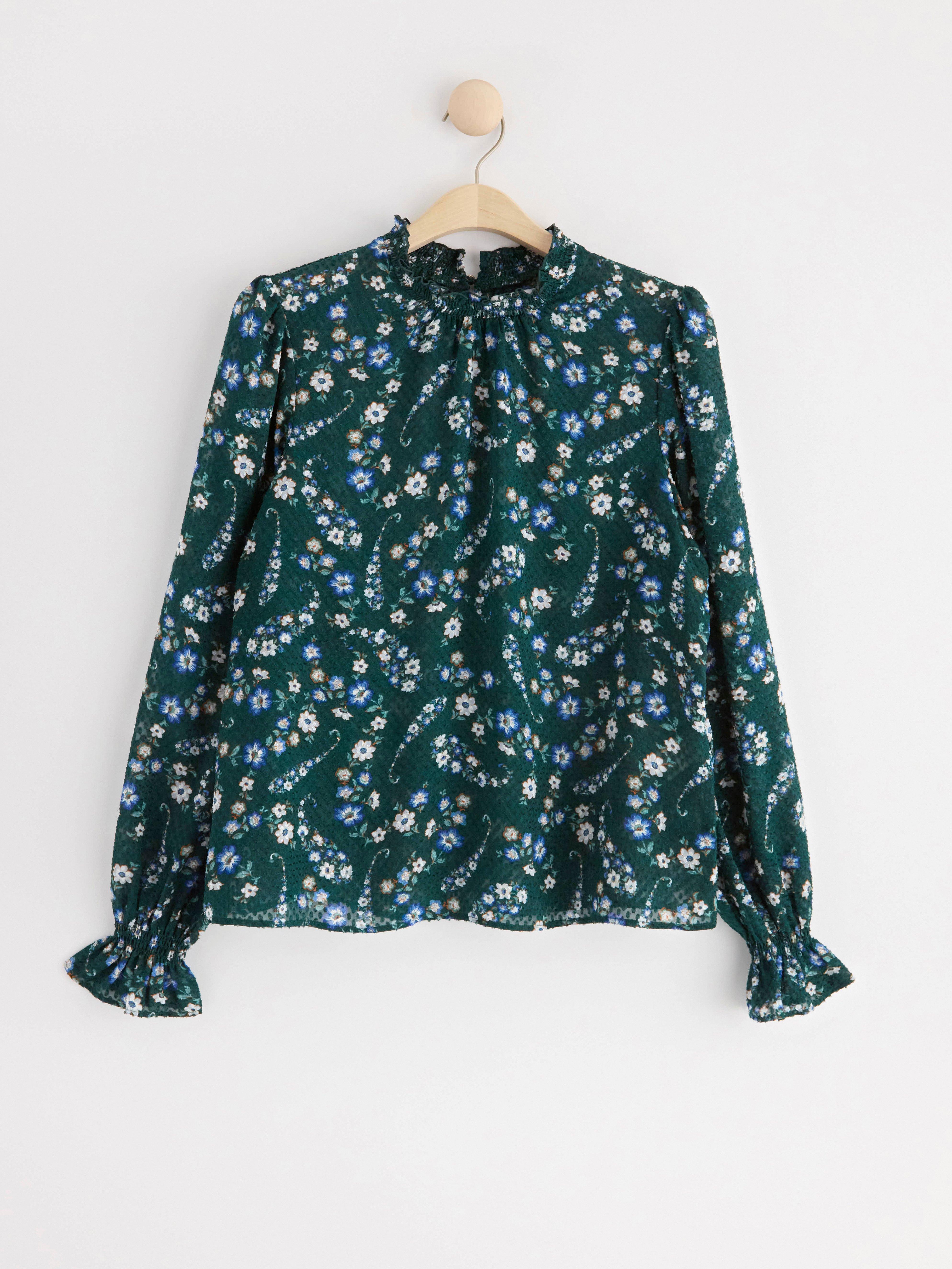 Long sleeve textured blouse with pattern Dark Green