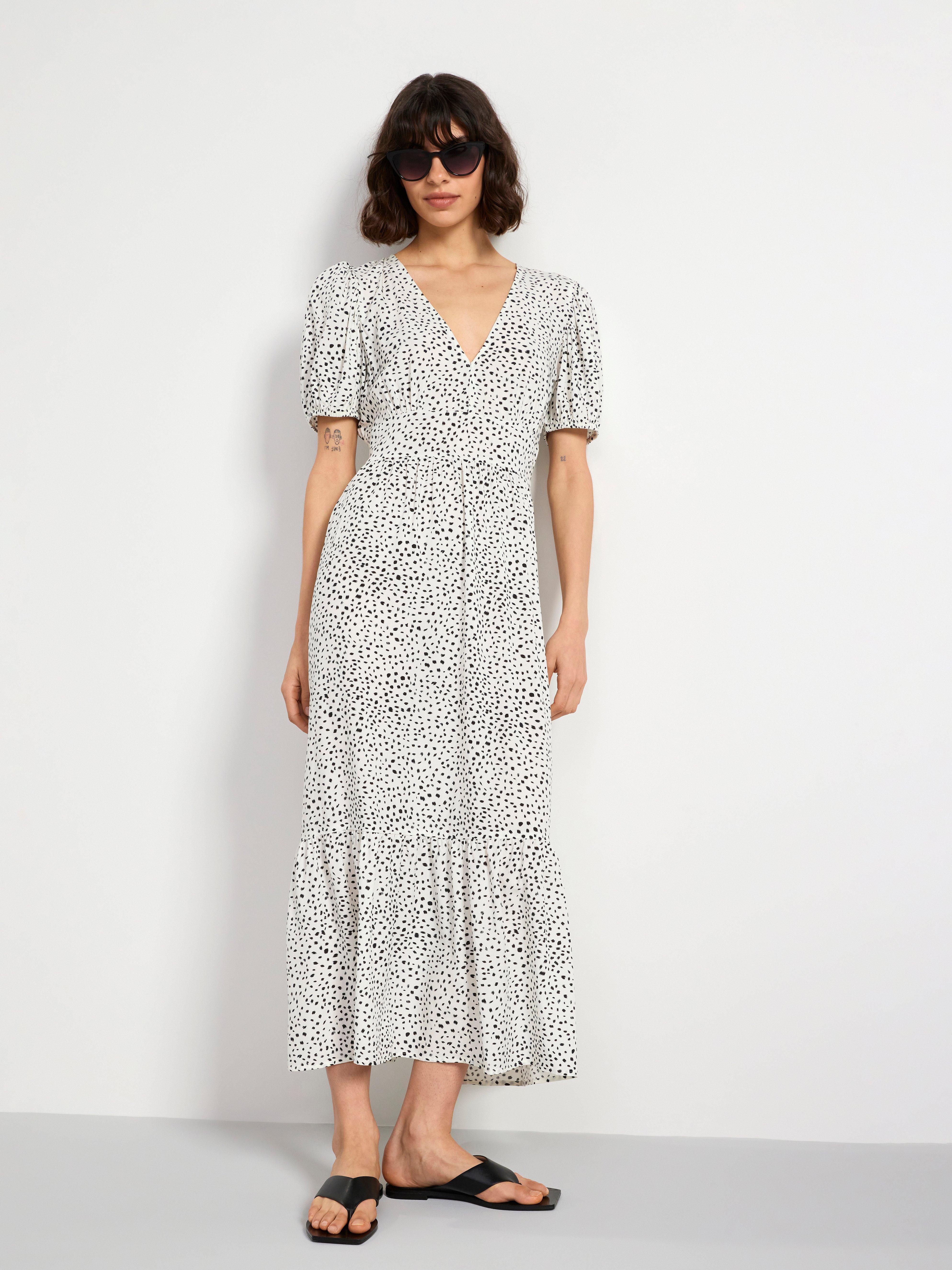 Patterned puff sleeve dress Light White