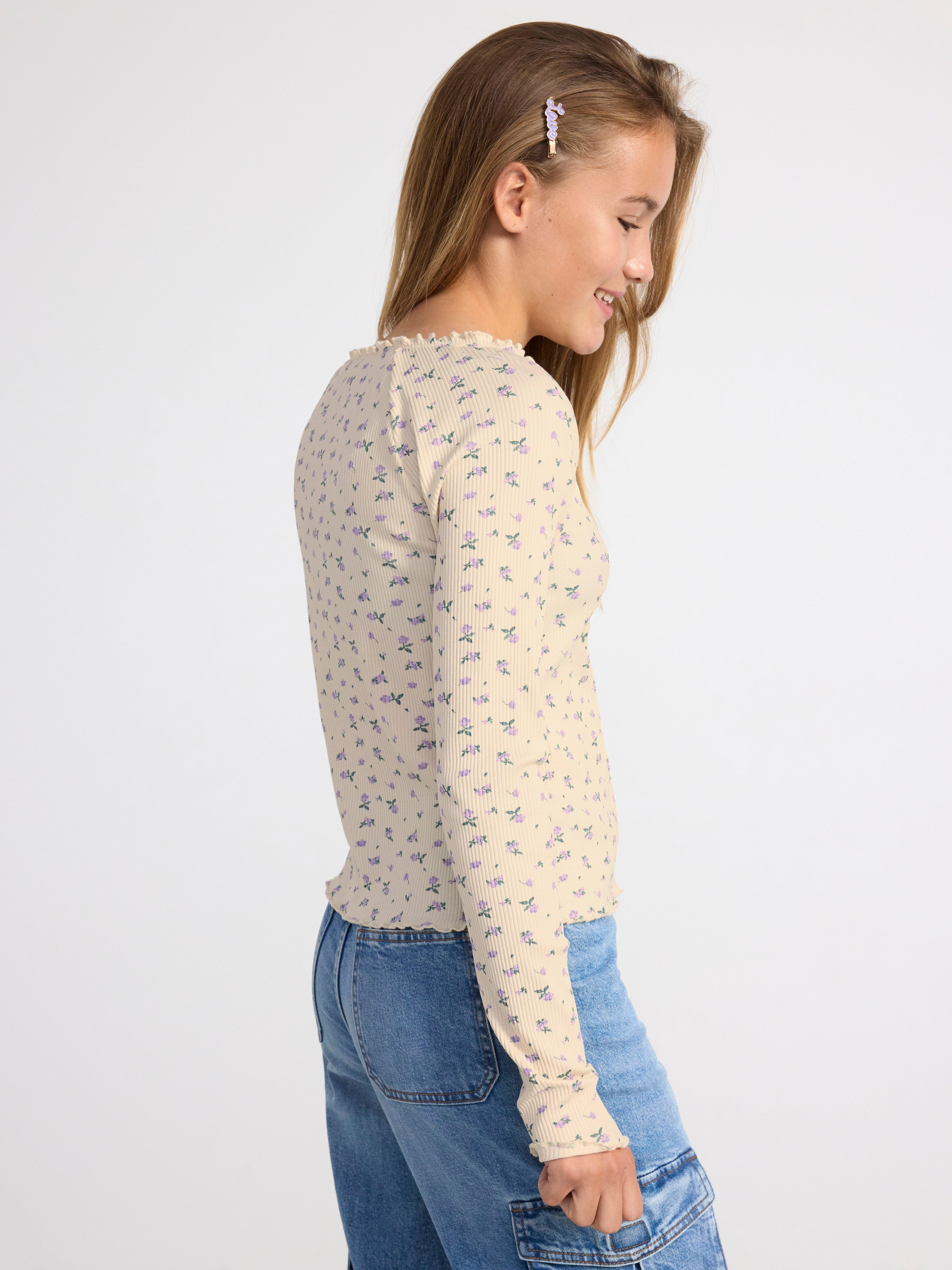 Ribbed long sleeve top with flowers Light Beige