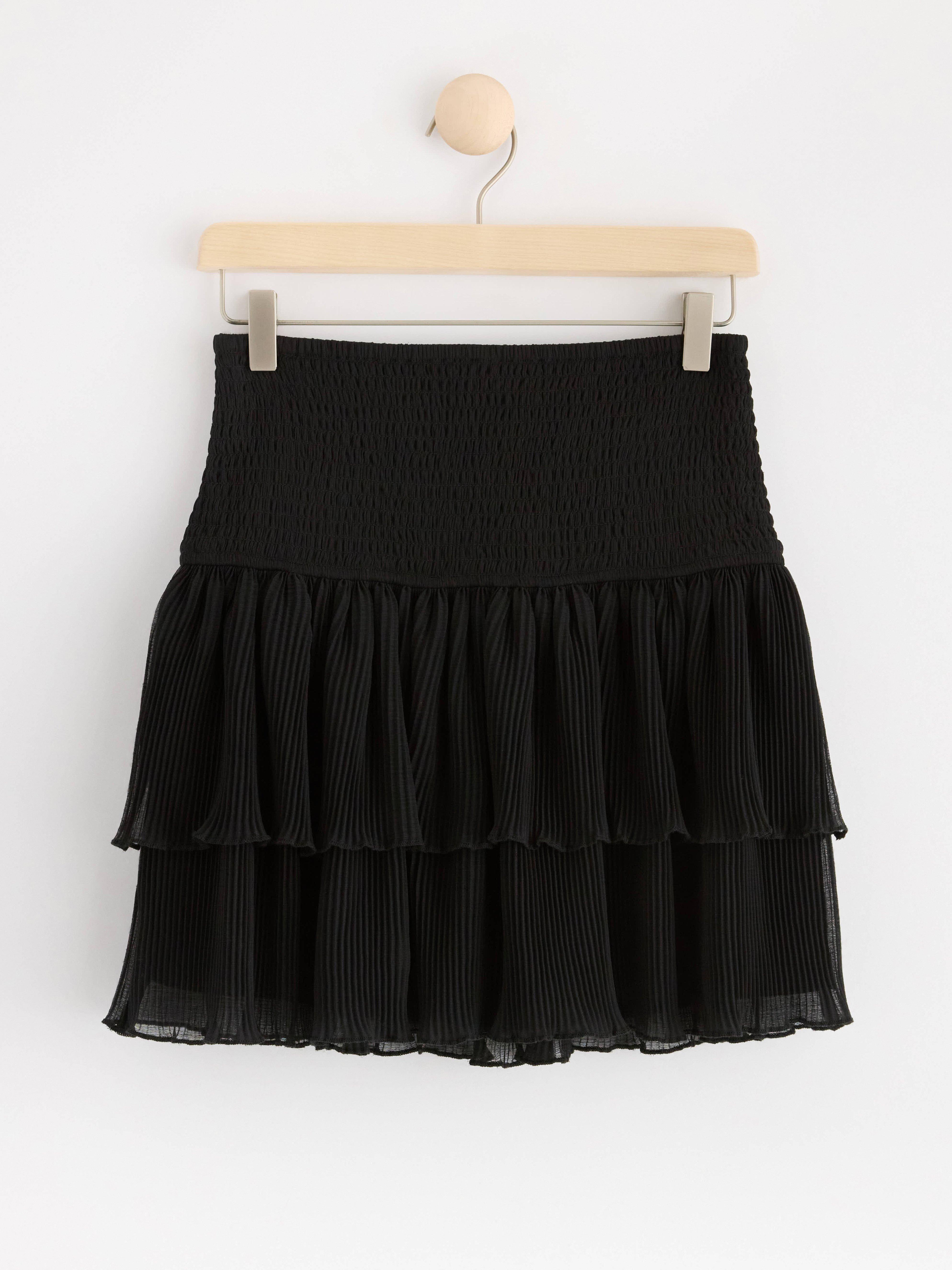 Chiffon skirt with smock and flounces Black
