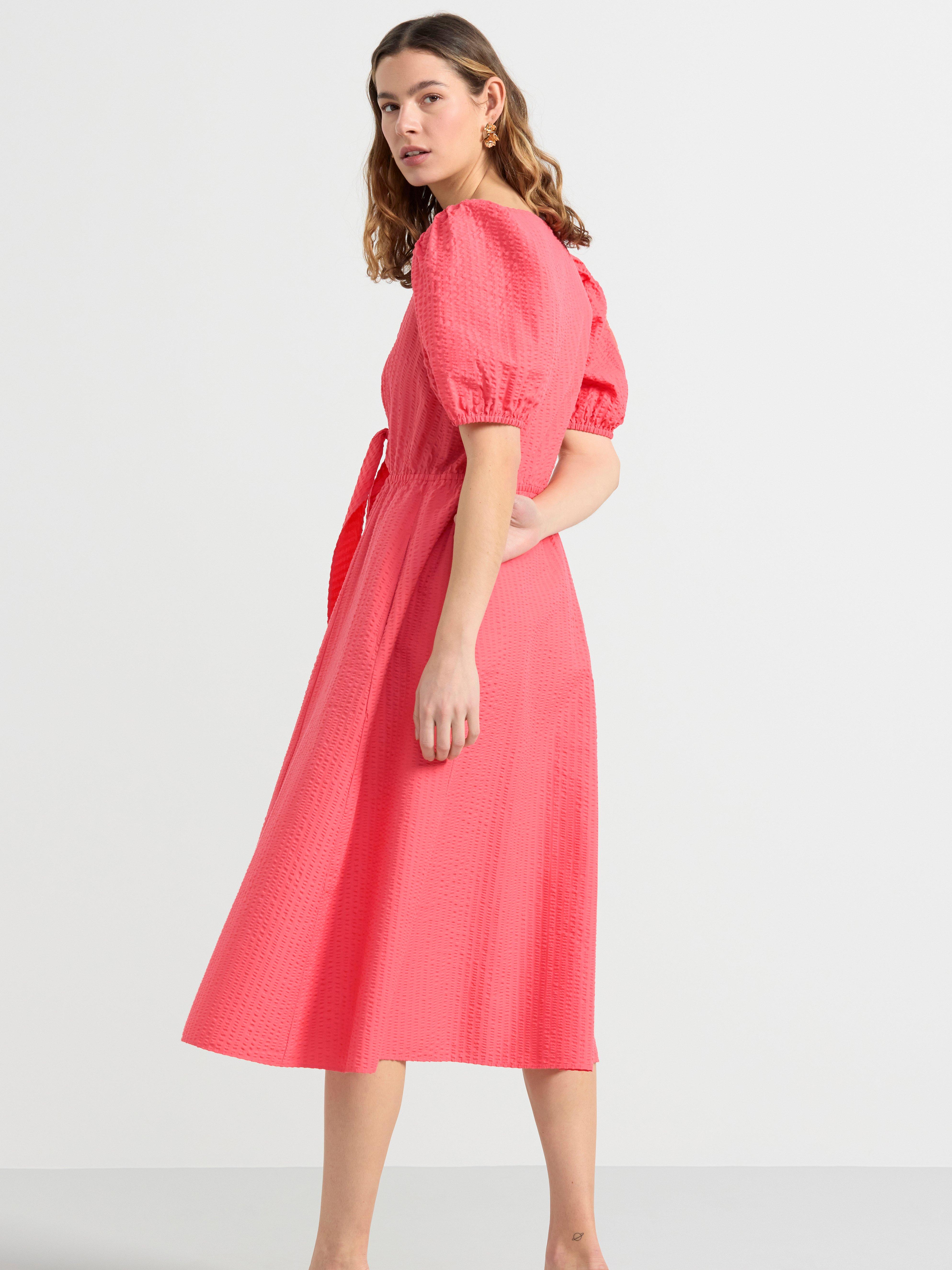 Seersucker dress with puff sleeves Dark Pink