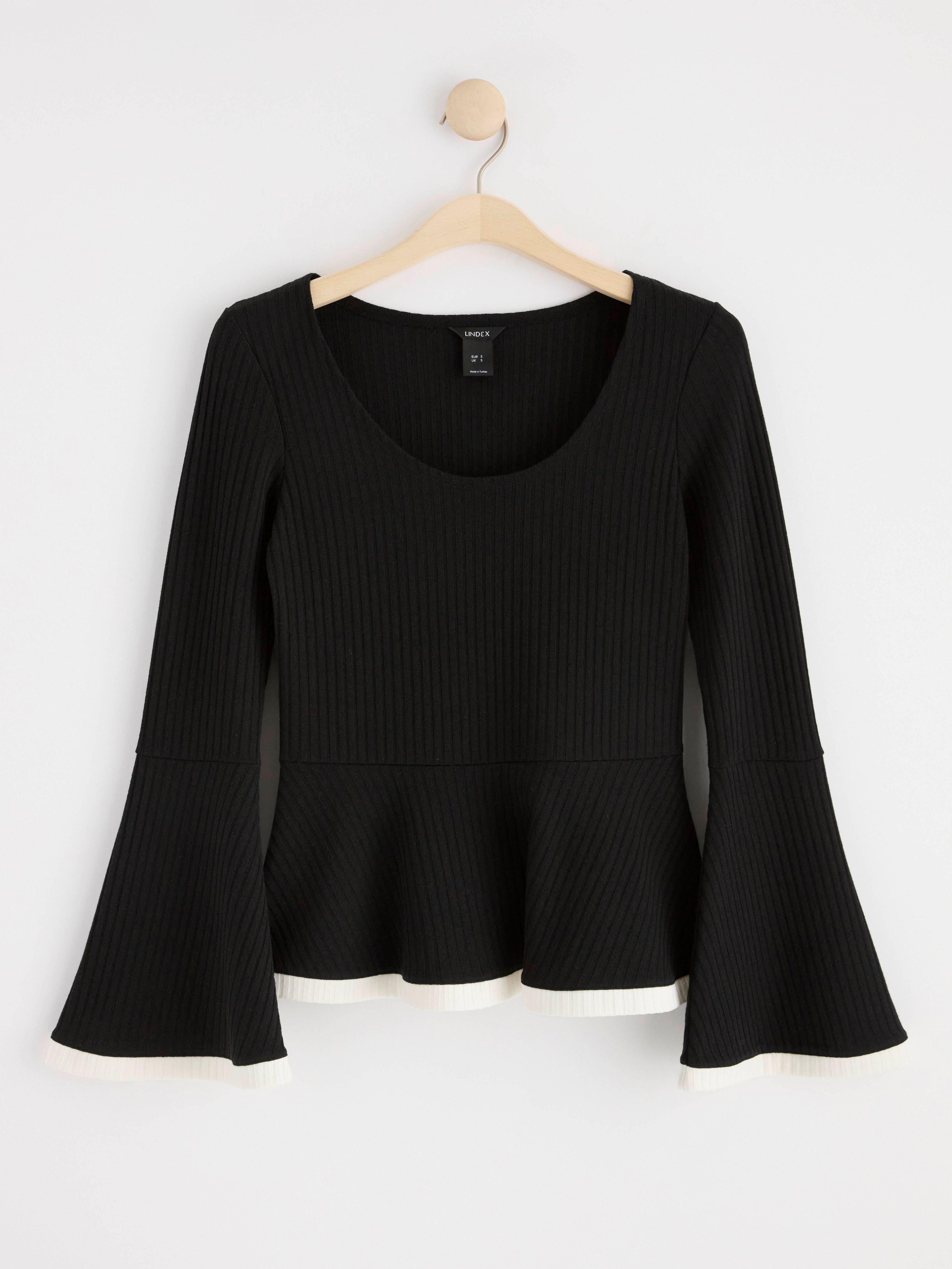 Ribbed long sleeve peplum top Black