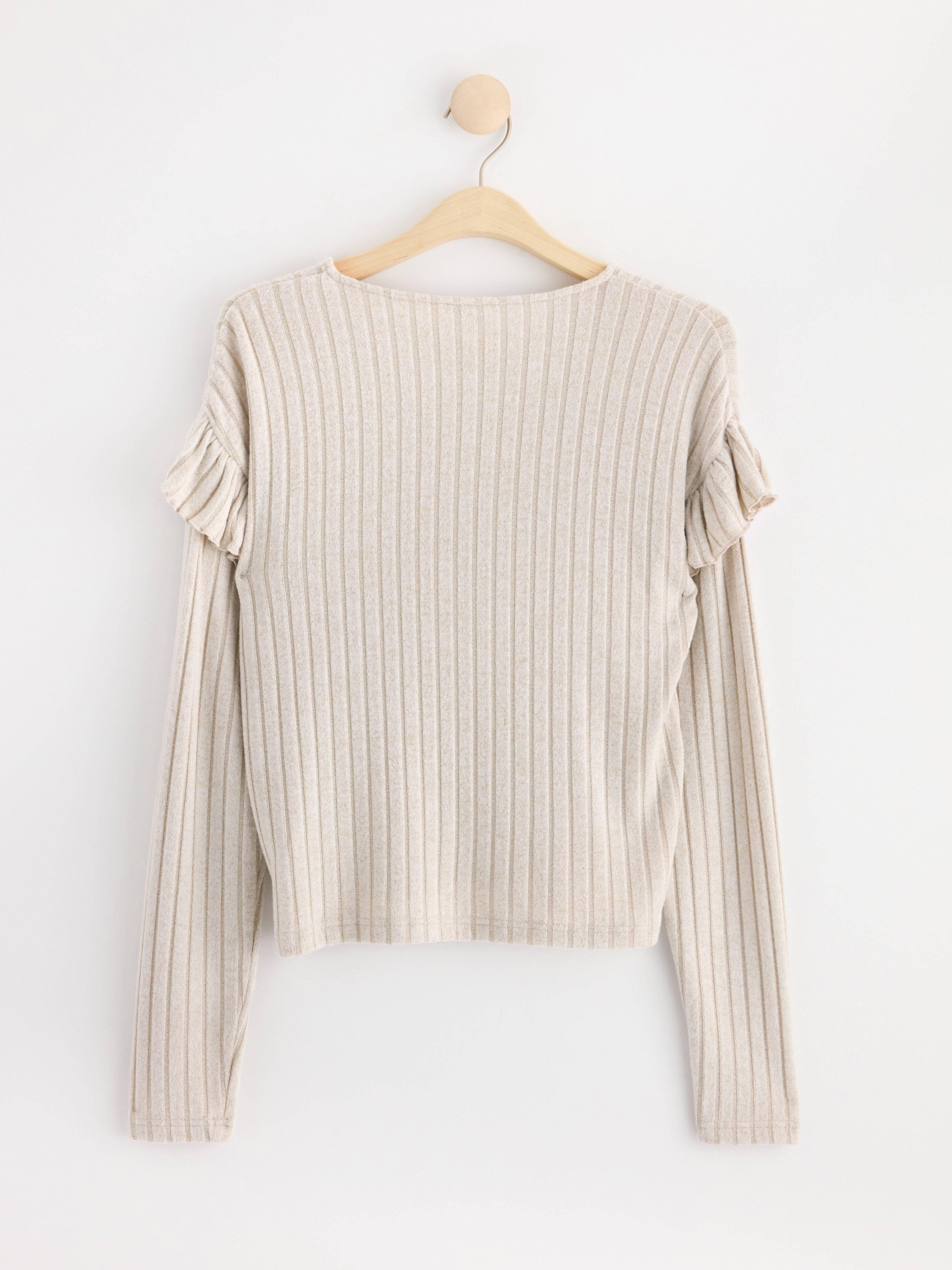 Ribbed long sleeve top with frills Light Beige Melange