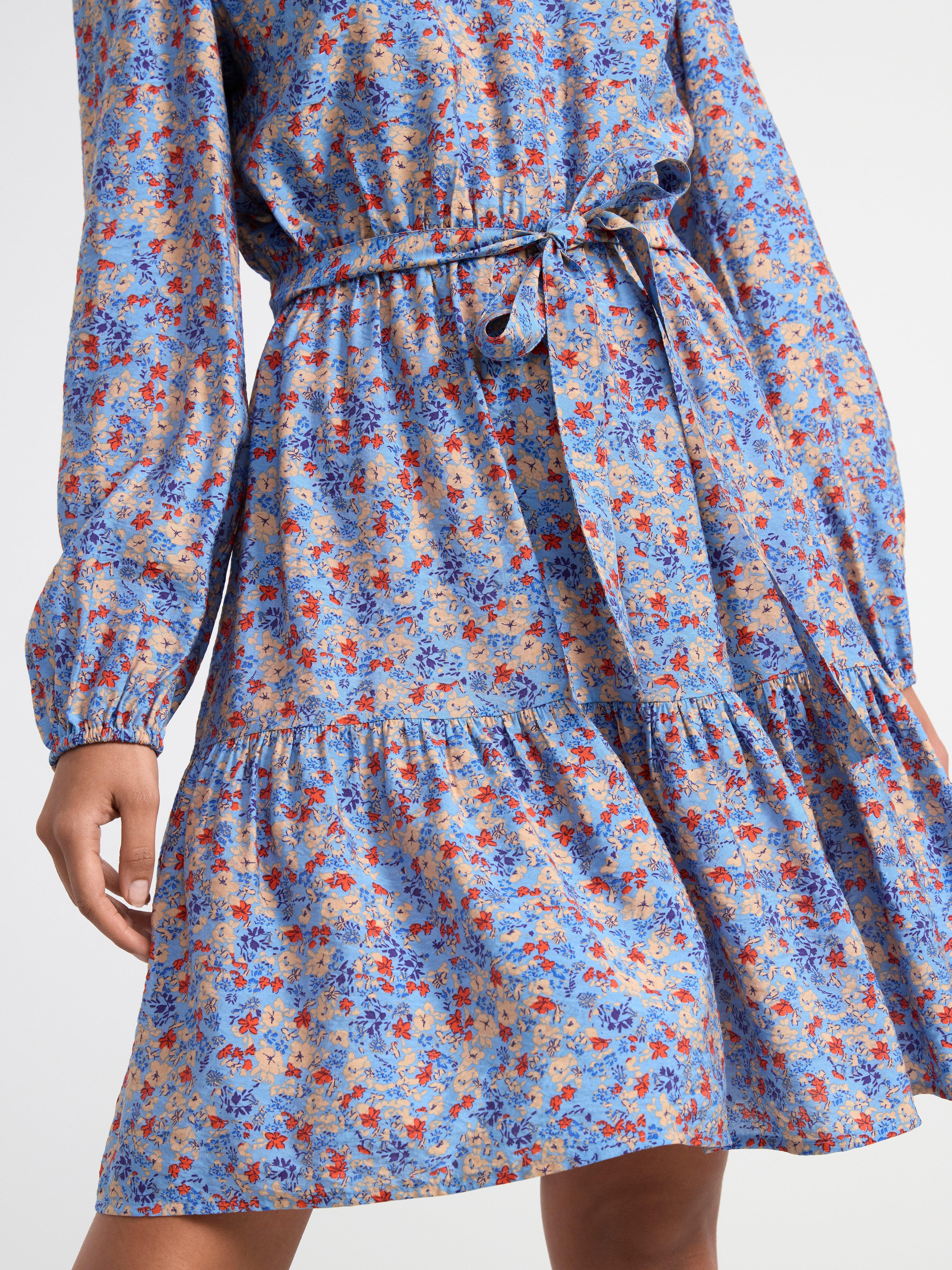 Long sleeve mini dress with flowers Light Blue