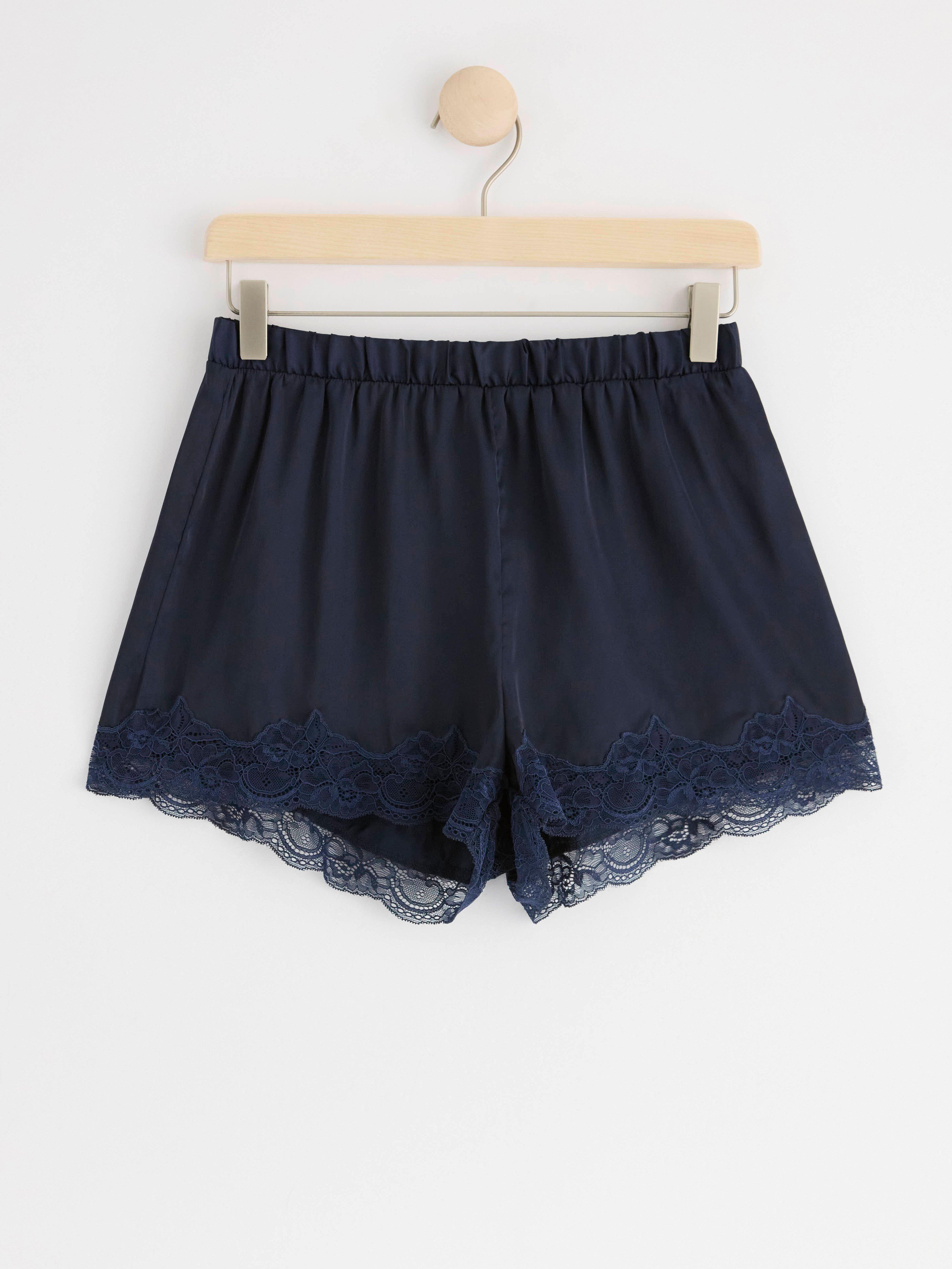 Satin pyjama shorts with lace Navy
