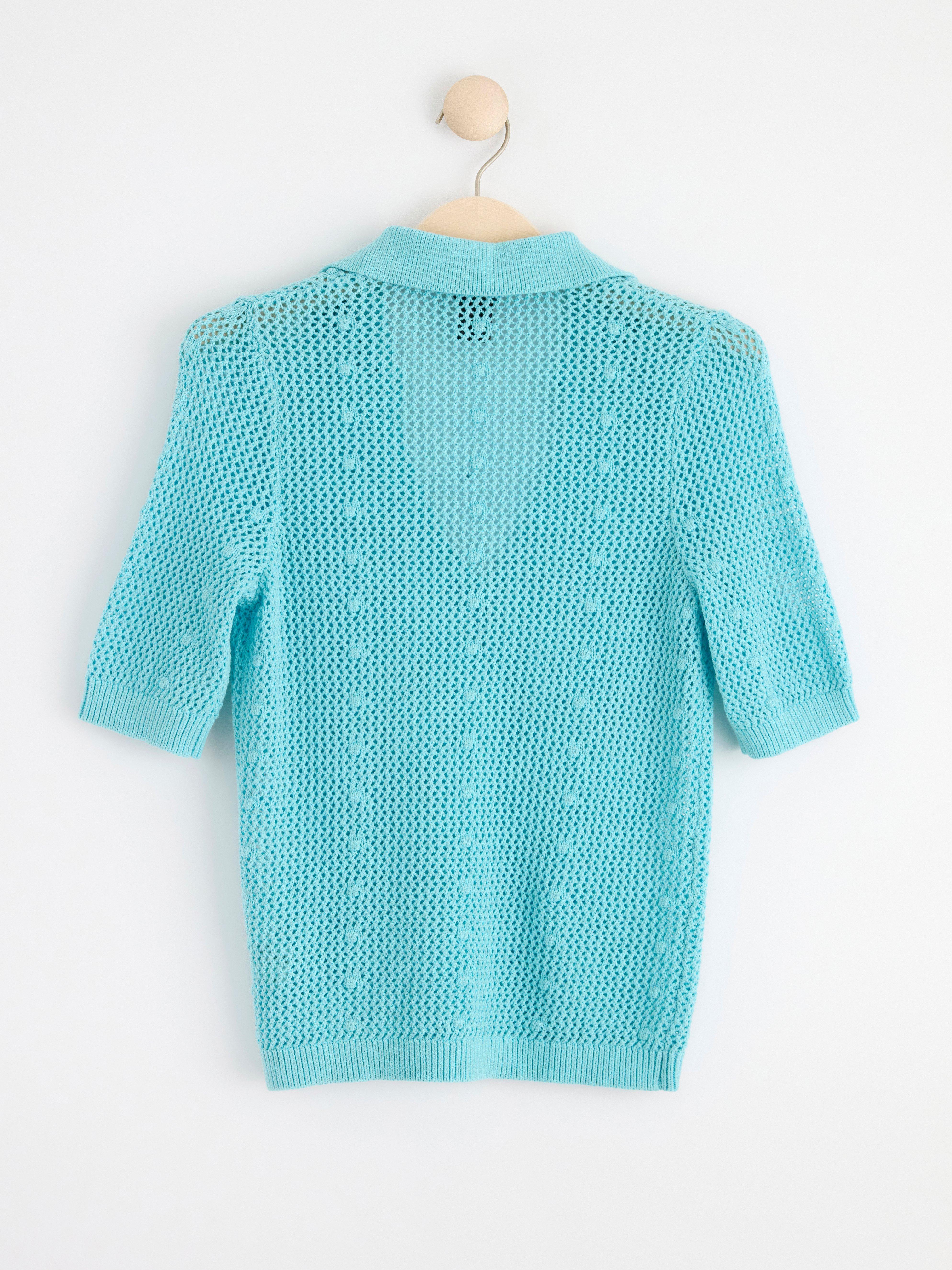 Knitted short sleeve top with collar Light Turquoise