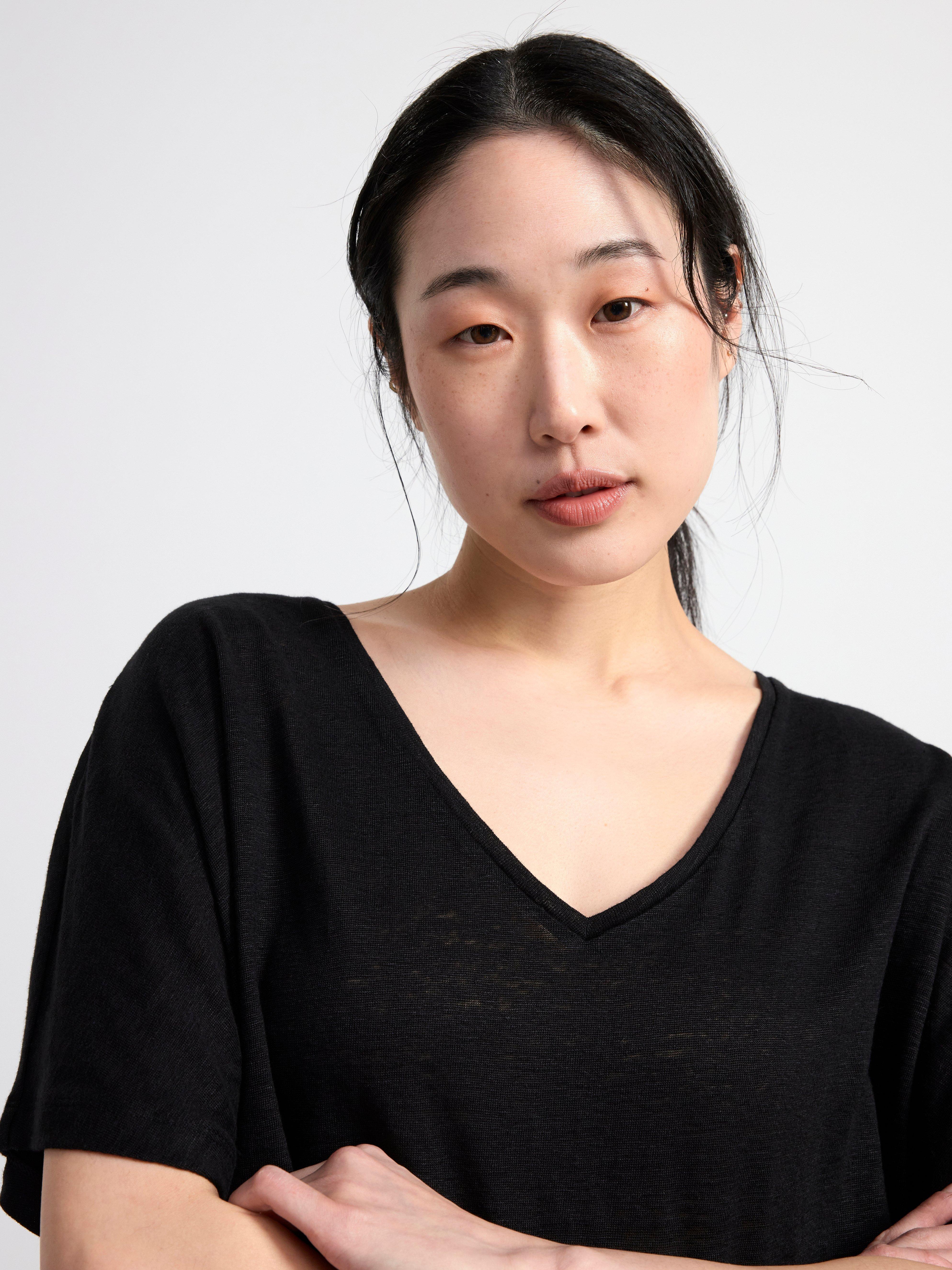 Short sleeve v-neck linen top Black