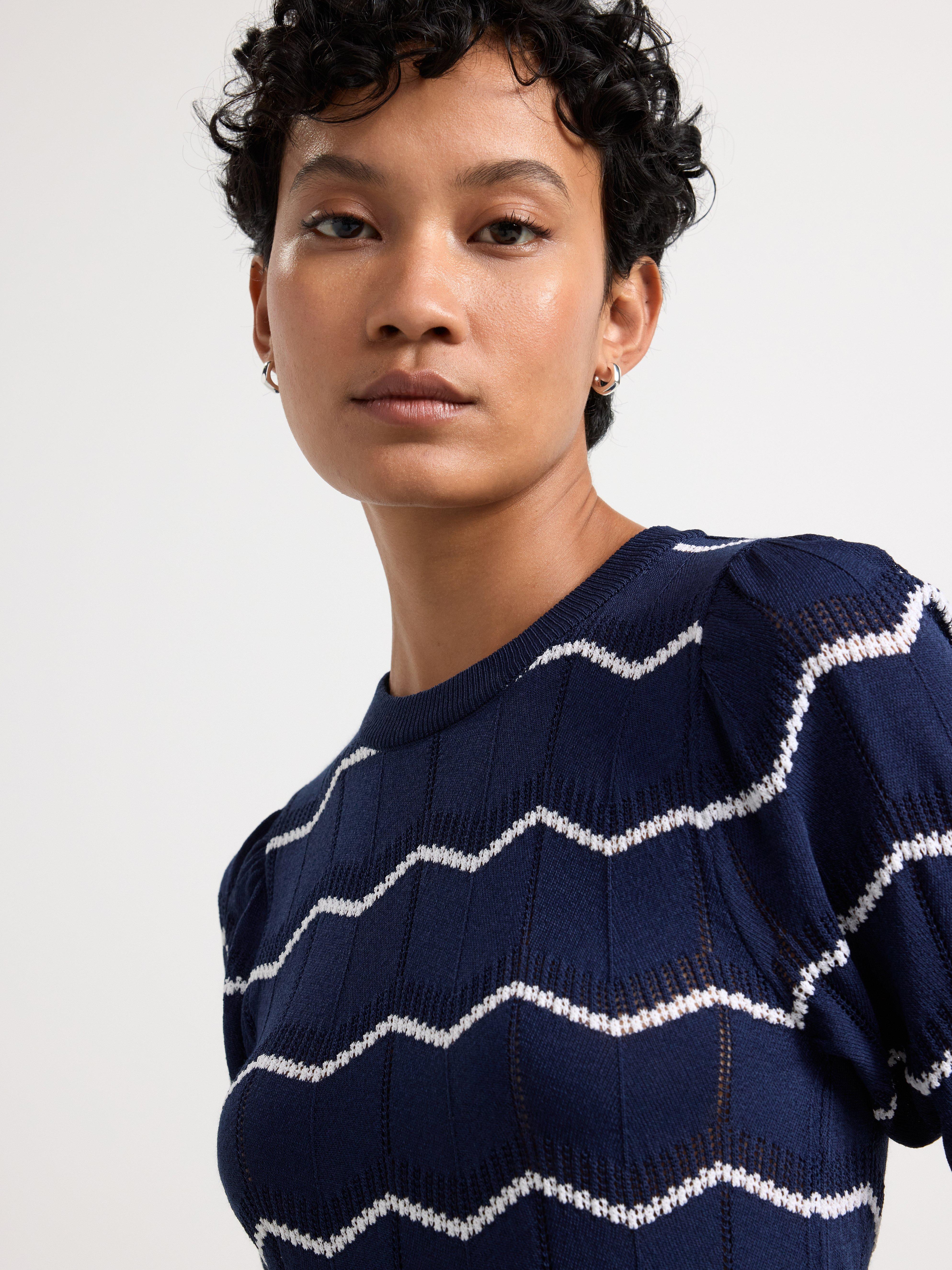 Pattern knitted striped short sleeve jumper Navy