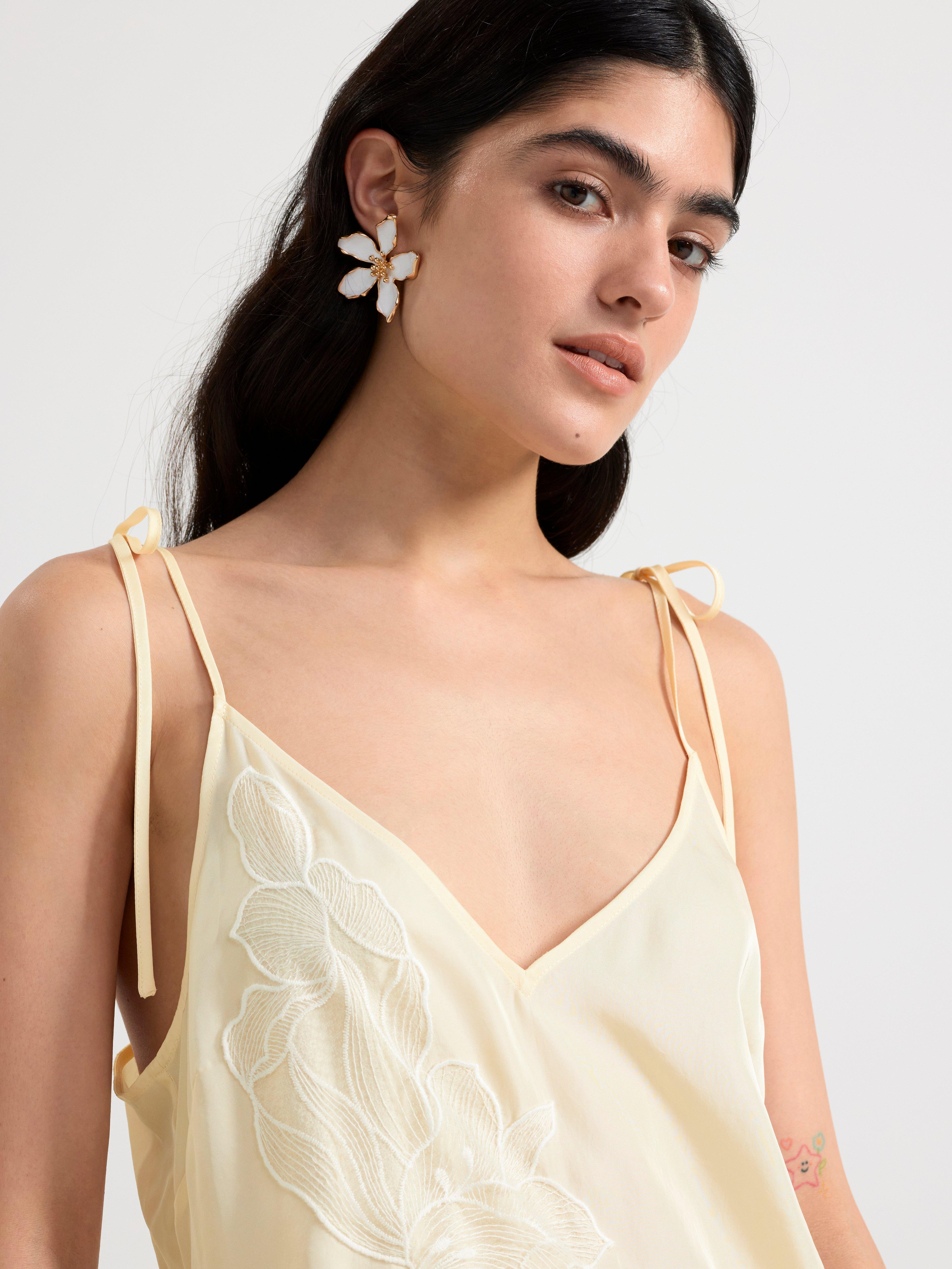 Satin slip dress with flowers Off White