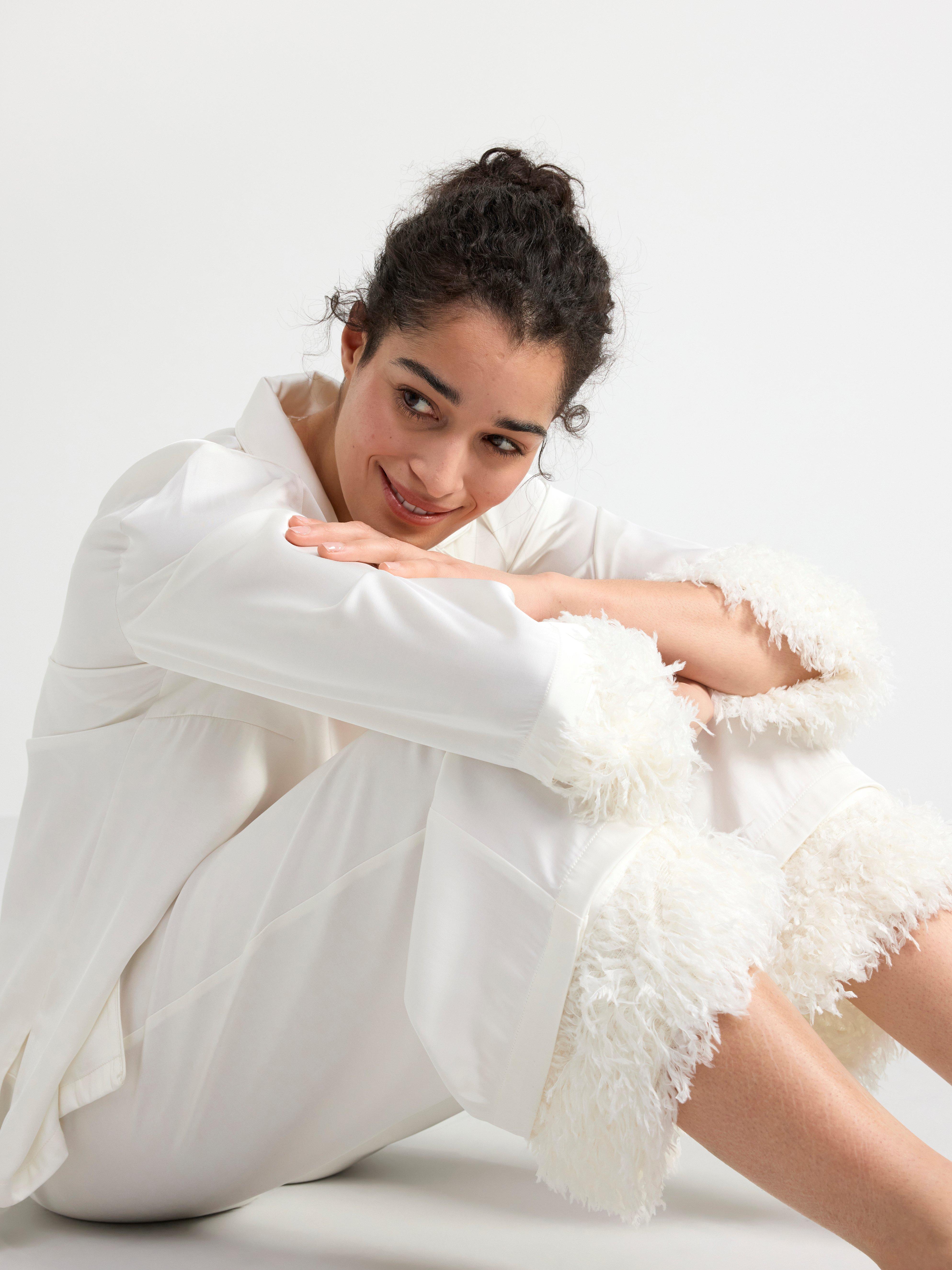 Satin pyjama set with faux feathers Light White