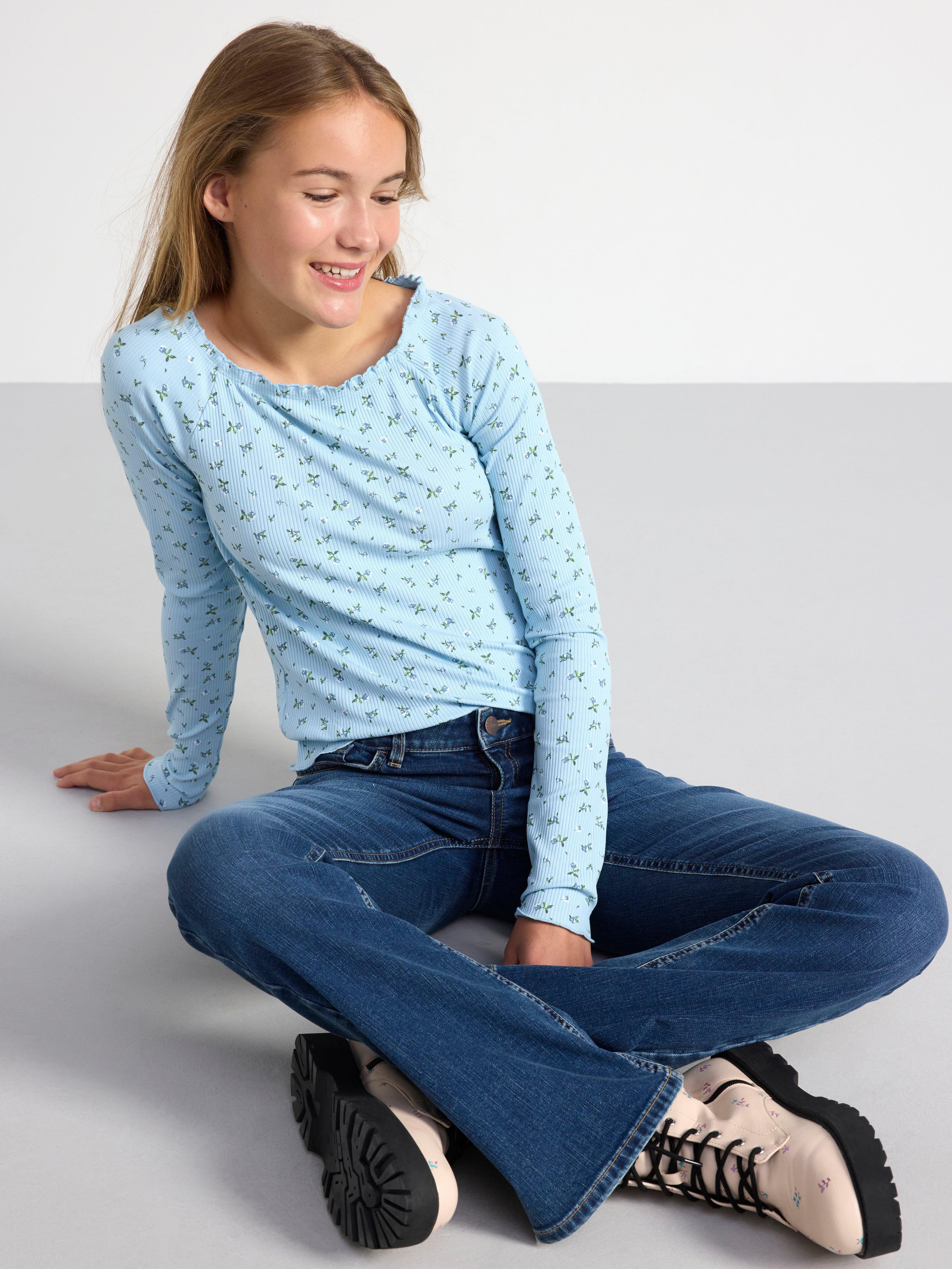 Ribbed long sleeve top with flowers Light Blue